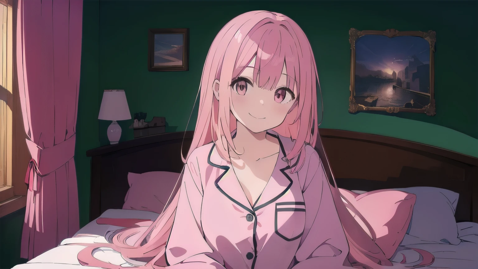 Very detailed, Detailed Background,　(highest quality, masterpiece, High resolution), One girl, smile,　 Mid-chest, Pink Hair,  Upper Body, pajamas,　long hair、　night、　Dimly lit room