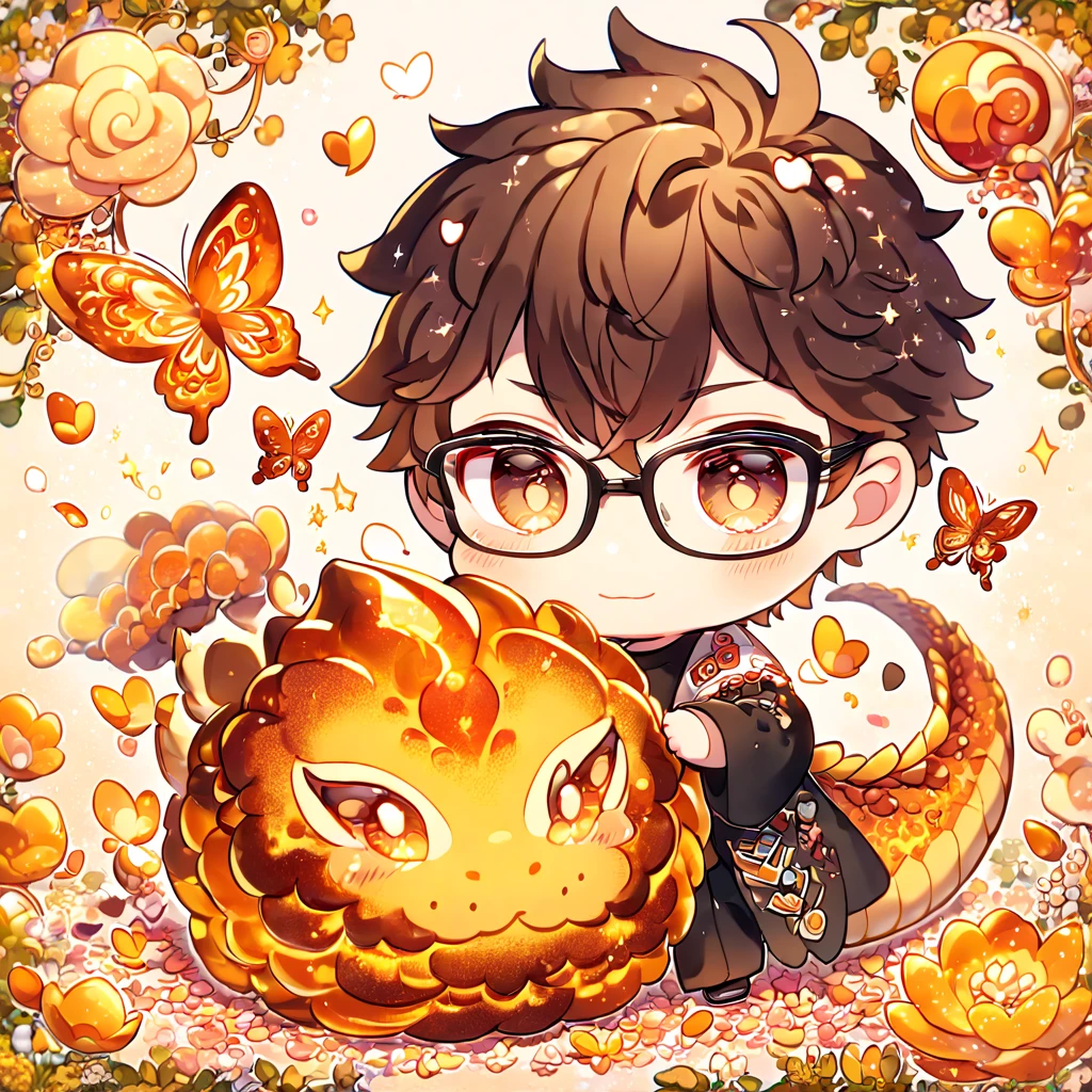 Ultra detailed, HDR, Highres, absurdres, master piece, Miyuki Kazuya chibi, brown hair, expressive amber eyes, glasses, Diamond No Ace, amber glittering butterflies, petals, amber lotus, cute, magical, man, extremely detailed face and eyes, glittering, fantasy, black clothes, hugging a amber dragon, love, amber background