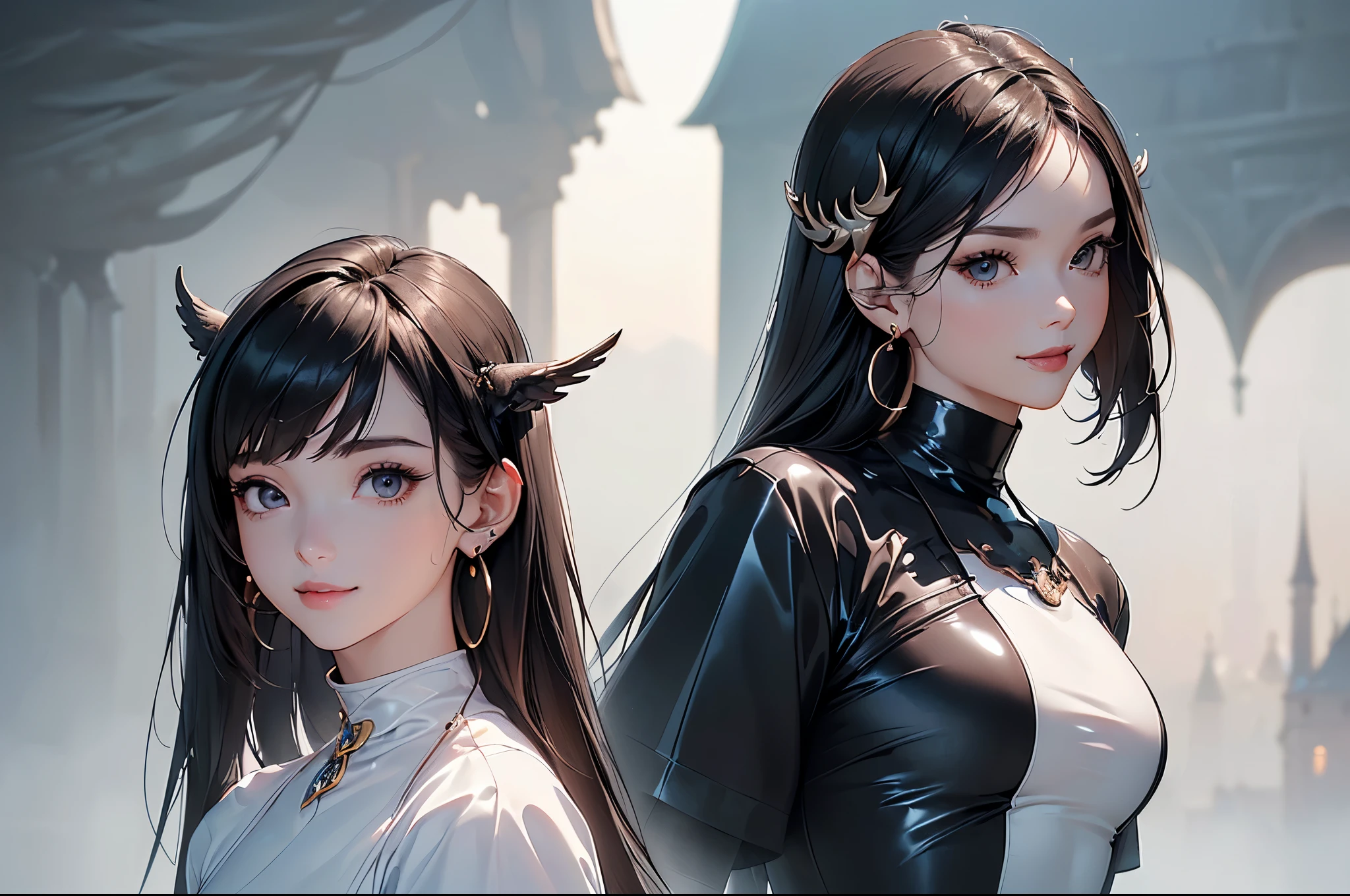 ((Biologically correct limb count))、((Full Body Shot, Full-body photo including face、Head to toe photos))、4K、masterpiece、((Focus on the face))、((Symmetrical facial features))、Eyes of meticulous depiction、Beautiful woman、Excellent style、Beautiful feet、(Black Stockings、High heels with anklets)、Detailed depiction of the face、Small earrings、necklace、((Close-up photo of the upper body))、(Latex shirt、Latex skirt、Monastic Clothes)、Scenery of the old castle、(Low - Angle)、(smile)、((Thick morning fog all around)、I can't see anything around me)、((Face down on the bench、Lying down))