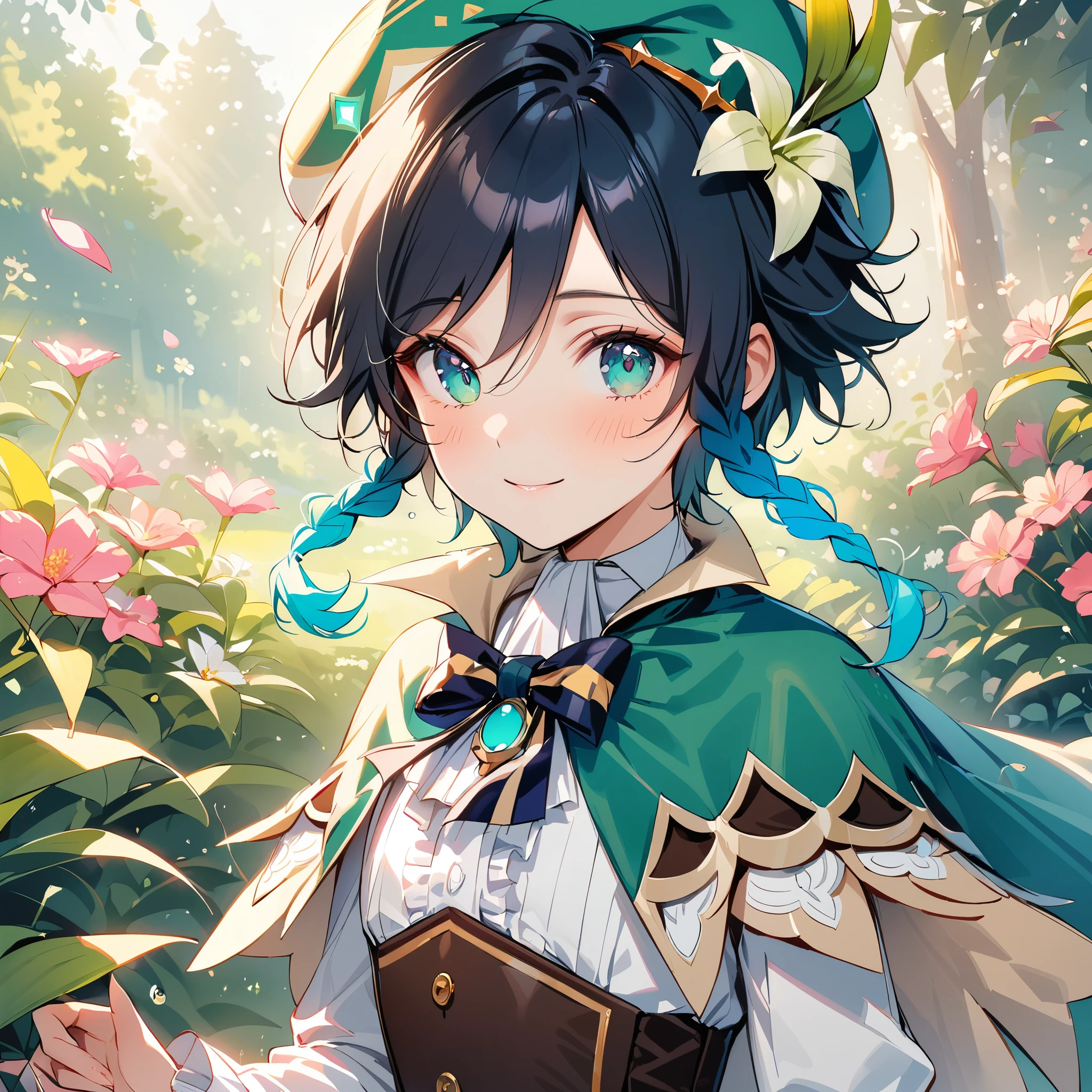 (best quality,4k,8k,highres,masterpiece:1.2),1boy,venti genshin impact,male focus,flat chest,ultra-detailed,realistic,dsmile,morning of spring,delicate light rays,rich color palette,elegant curves,effects of light and shadow,flower petals falling,springtime essence,ethereal atmosphere,peaceful garden background,morning dew,soft sunlight filtering through trees,lush plants,komorebi,vividly colored blossoms,transcendent beauty,awe-inspiring artwork,white long-sleeved shirt, brown corset,green shorts, white tights,green cape,hat,brooch,green eyes,flirty smile,cinematic lighting, ray tracing, UHD, high details, high quality, award winning, super detail, 