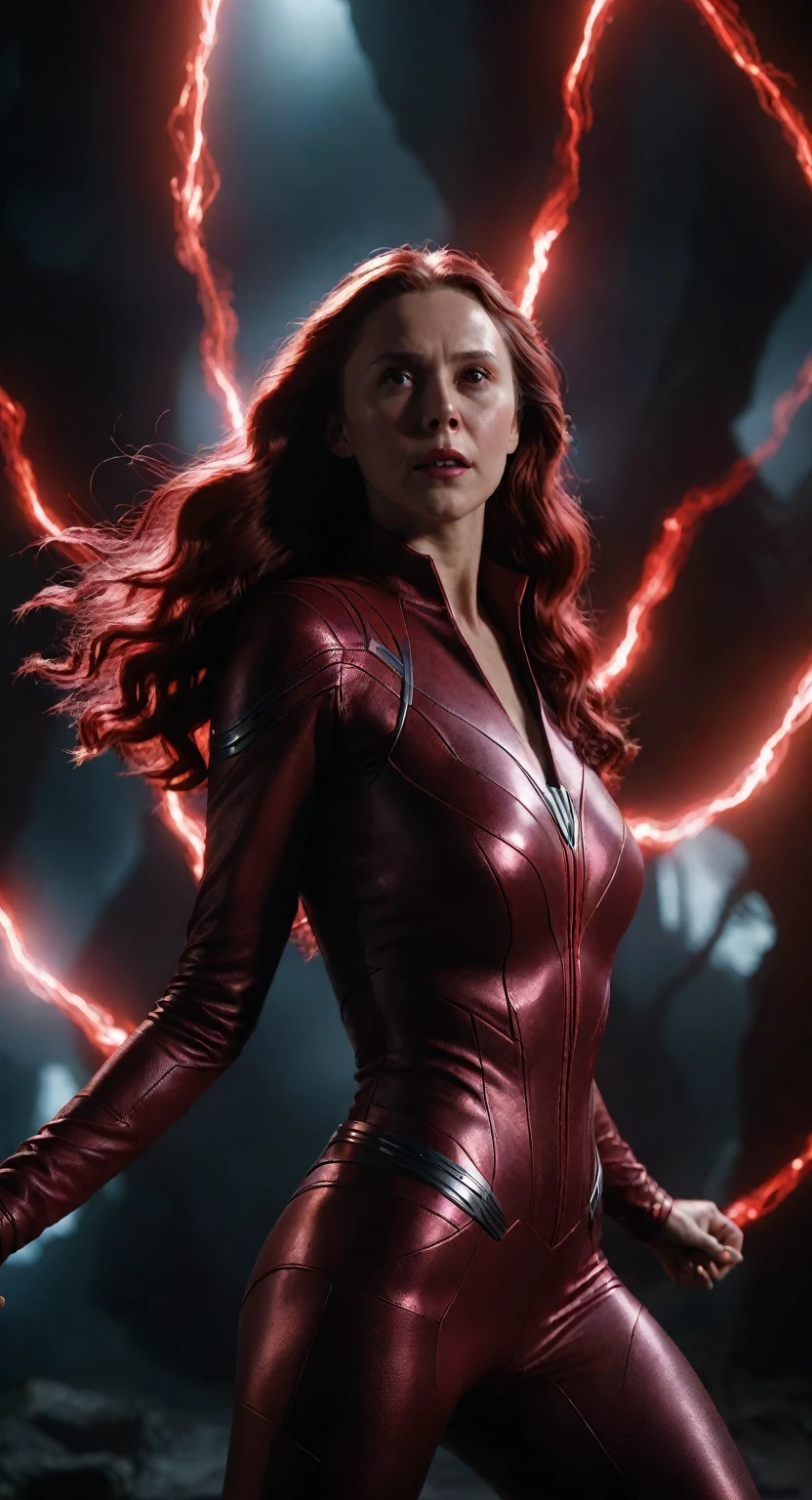 movie scene, Scarlet Witch из Marvel, close-up, Distorted Space, Twisted undead in the background, Glare, light shafts, complex parts, high detail, volumetric lighting, 4k rendering, Spare photo, Hyperrealistic, realistic textures, dramatic lighting, Unreal engine
