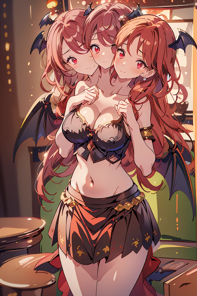 (masterpiece, best quality),best quality, (ultra-detailed), (3heads:1.5), 1girl, (koakuma:1.3), masterpiece, best quality, ultra quality, ultra resolution, ultra detail, white and black top, crop top, ((stomach)), midriff, ((groin)), black skirt, normal ears, shackles, red hair, very long hair, wavy hair, sidelocks, red eyes, parted lips, open belly, sweat, cute, toned belly, hand on own chest, eyelashes, (24 year old woman:1.3), (masterpiece:1.5), (best quality:1.5), (beautiful detailed), extremely detailed CG, extremely delicate and beautiful, depth of field, (finely detailed face), (perfect details:1.4), (mature female:1.3), wide pelvis, slender, large veiny breast, 16k resolution, highres, high quality, high definition, extremely detailed, masterpiece, red hair, long hair, alluring presence, braid, short skirt, close up, big tits, young, bat wings, demon girl, demon tail, demon wings, head wings,