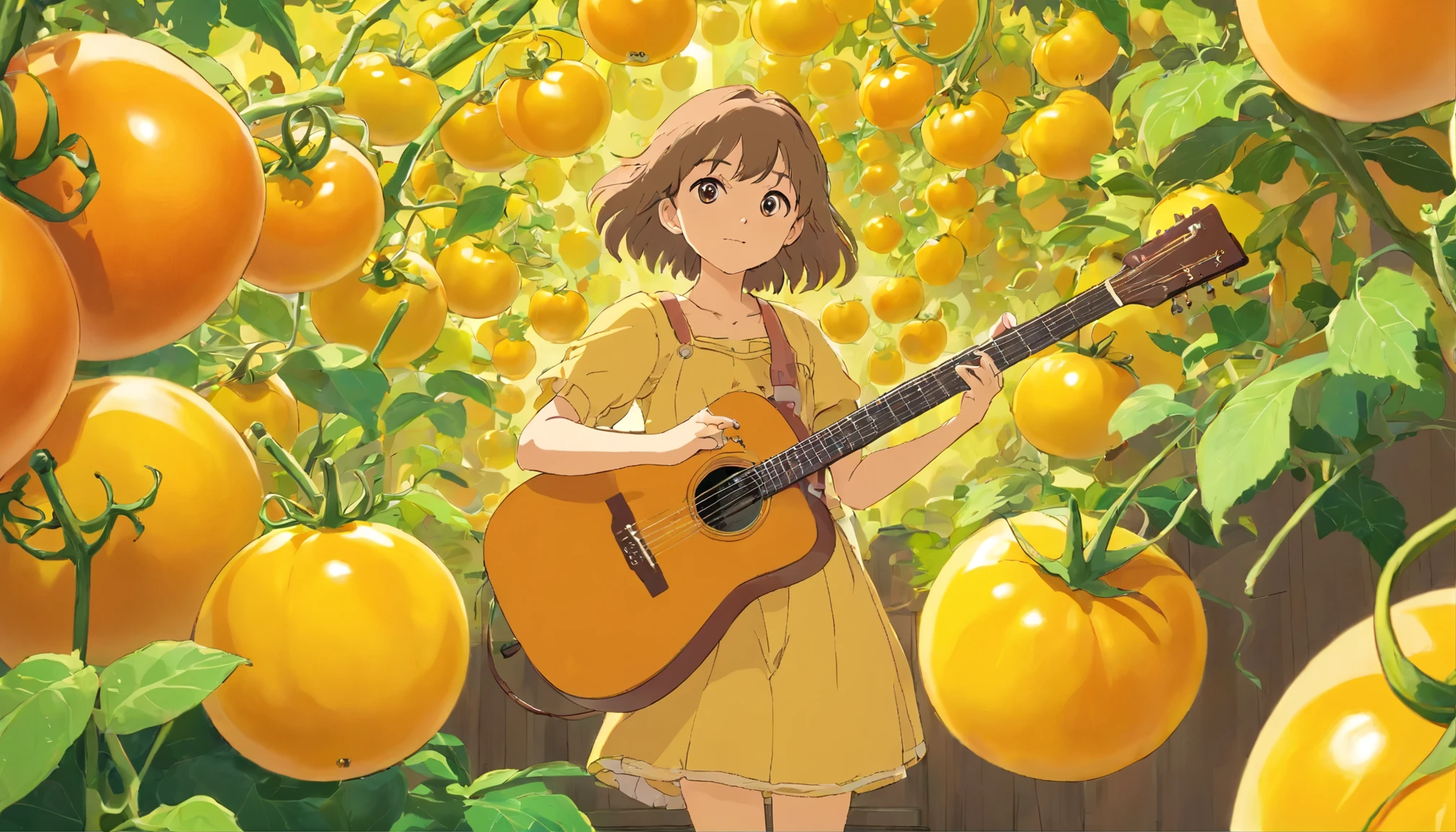 Yellow tomatoes in the background、A calm girl band、guitar、base、Drums、keyboard、リードguitarを演奏している