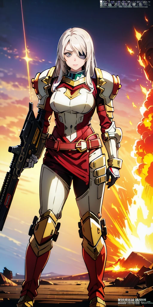 (masterpiece:1.2), (best quality:1.2), perfect eyes, perfect face, perfect lighting, 1girl, mature whsororitas with a laser rifle in her hands, scar over one eye, eyepatch, red tabard, white hair, warhammer 40k, chaos, fire, scifi, detailed ruined city background, power armor