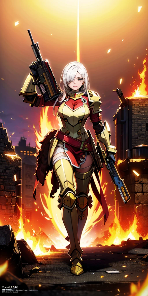 (masterpiece:1.2), (best quality:1.2), perfect eyes, perfect face, perfect lighting, 1girl, mature whsororitas with a laser rifle in her hands, scar over one eye, eyepatch, red tabard, white hair, warhammer 40k, chaos, fire, scifi, detailed ruined city background, power armor
