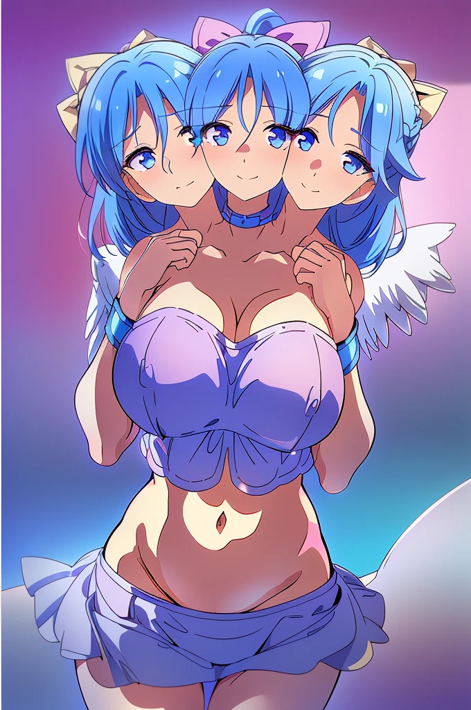 (masterpiece, best quality), best quality, (ultra-detailed), (3heads:1.5), 1girl, (mai:1.3), masterpiece, best quality, ultra quality, ultra resolution, ultra detail, light pink top, crop top, ((stomach)), midriff, ((groin)), light pink skirt, normal ears, shackles, blue hair, very long hair, wavy hair, pigtails, light-blue eyes, parted lips, detailed eyes, sweat, cute, toned belly, hand on own chest, eyelashes, (24 year old woman:1.3), (masterpiece:1.5), (best quality:1.5), (beautiful detailed), extremely detailed CG, extremely delicate and beautiful, depth of field, (finely detailed face), (perfect details:1.2), (mature female:1.3), wide pelvis, slender, large veiny breast, 16k resolution, highres, very high quality, very high definition, extremely detailed, masterpiece, blue hair, long hair, alluring presence, braid, short skirt, close up, big tits, young, light pink bow in her hair, small light pink wings, girl with three heads,