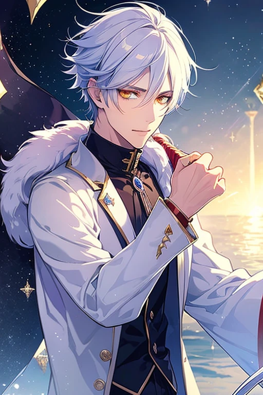 Fantasy Sparkling highest quality masterpiece anime One Man Platinum Hair Kind Face Long sleeve Wolf