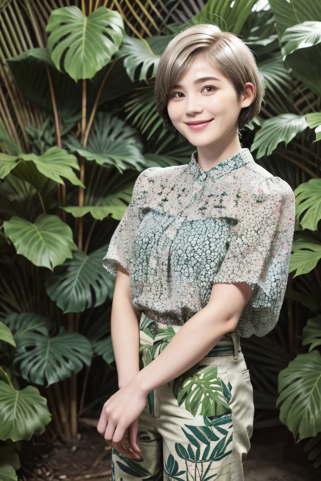 231 (18-year-old female,Floral clothes), ((short hair:1.46)), (Pants Style), (A kind smile), (Jungle Pattern)