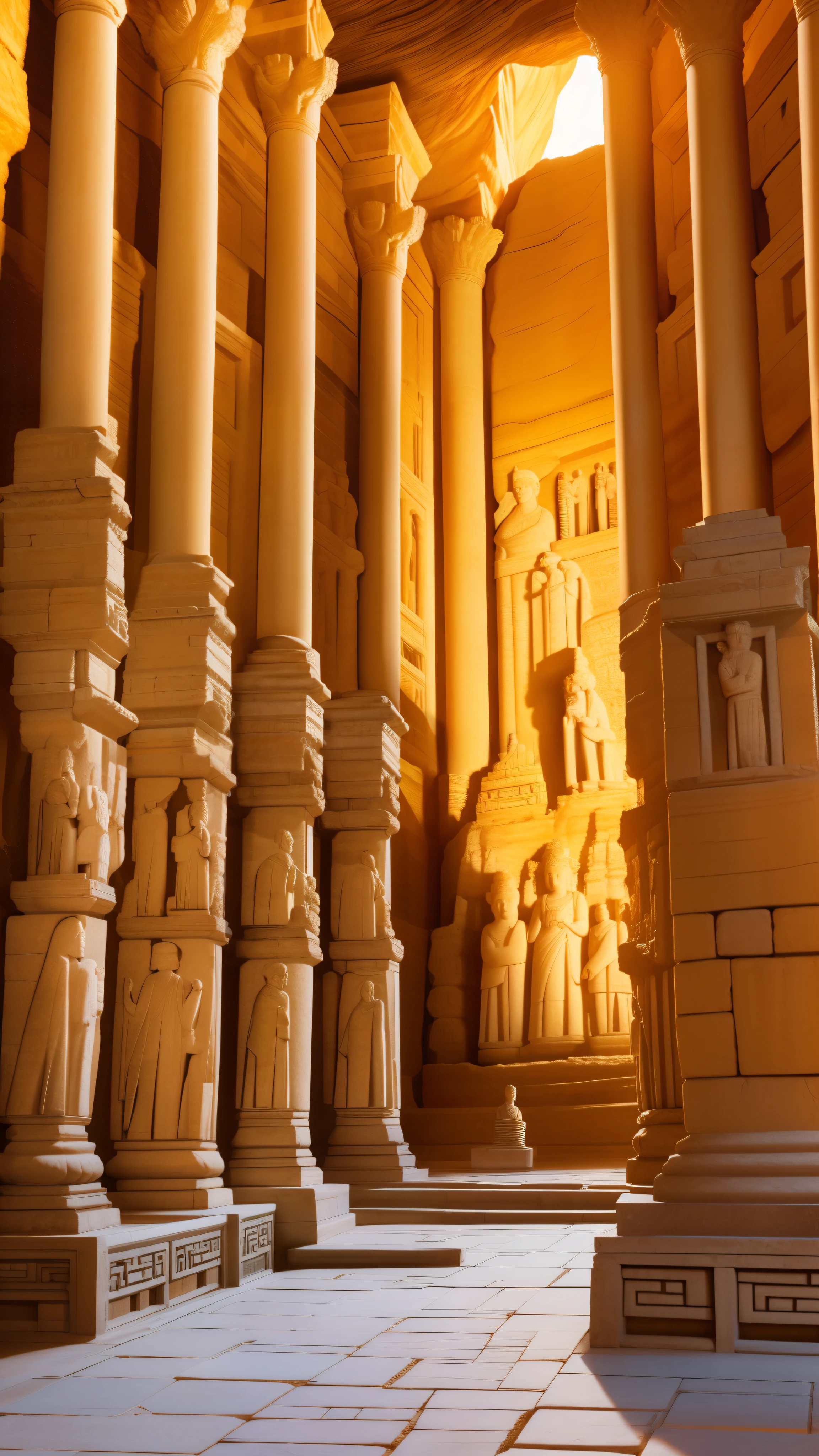 A majestic display of the Longyou Grottoes, an archaeological marvel in China, as seen in the high-definition images from a cinematic movie scene. The grottoes, carved into the bedrock, reveal intricate stone figurines and elaborate bas-reliefs, showcasing the remarkable craftsmanship of ancient Chinese artisans. The scenes are captured under a golden hour glow, highlighting the serene beauty and historical significance of this hidden treasure.