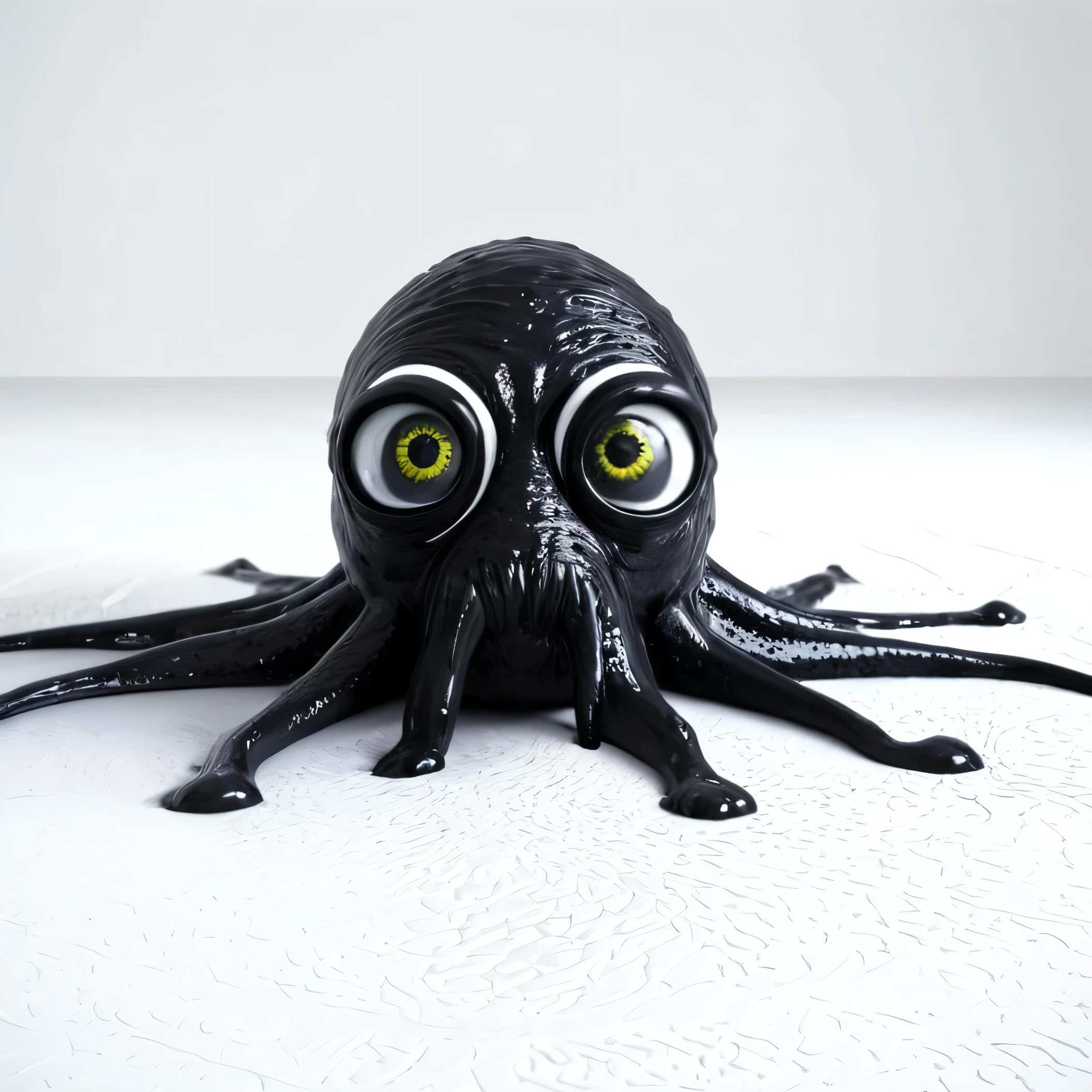 Creature mutant Black eyes 3d made of plastic bizarre disgusting strange 3d White background  Black paint on plastic floor 