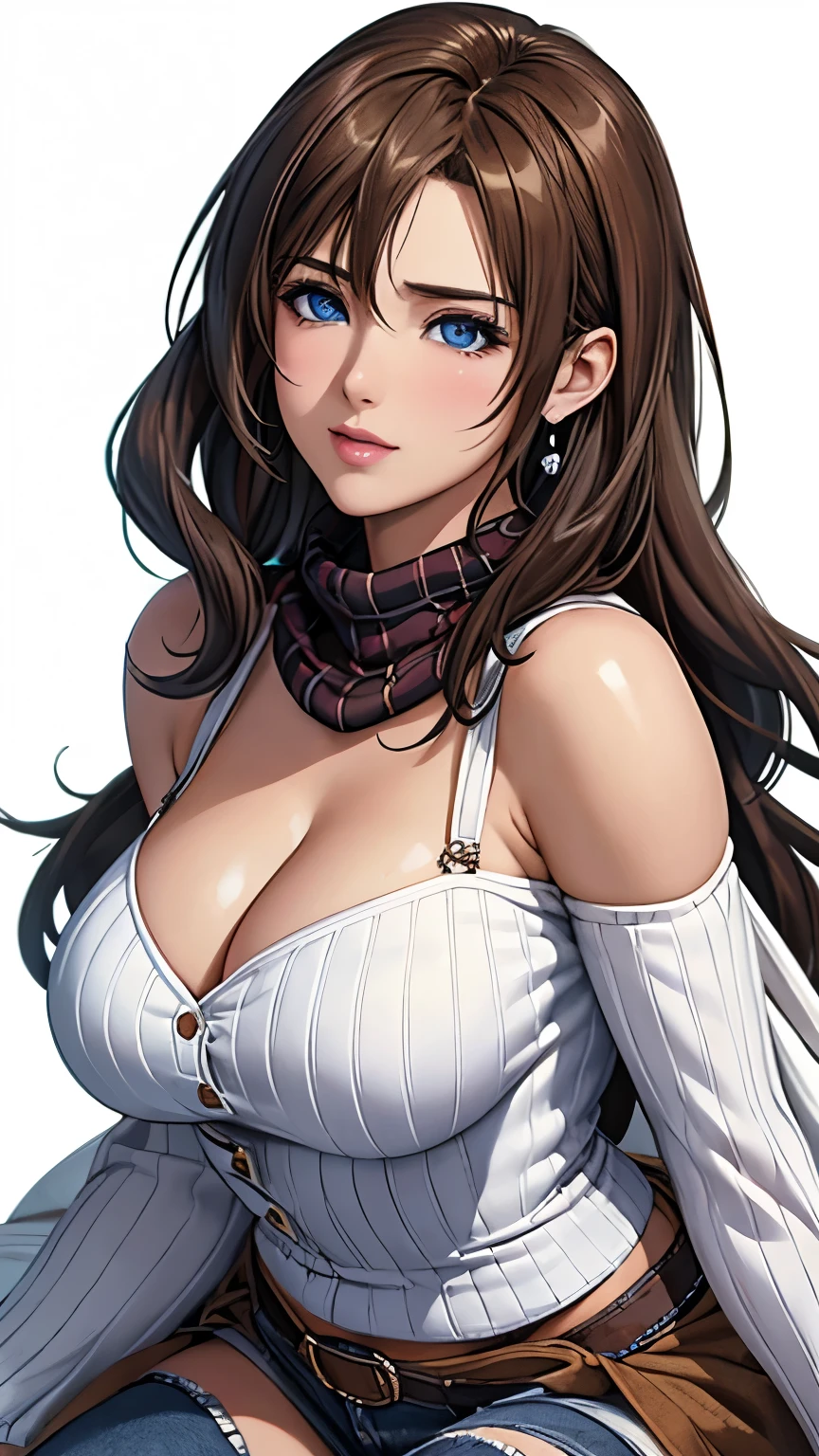 blue eyes with slit pupils, (highest quality, masterpiece painting:1.3), immature woman, , (half body shot), masterpiece, ultra high resolution, (Photoreal:1.0), ((light brown hair)),straight hair, beautiful shining hair, white and shining skin, ((Ultra realistic details)), octane rendering, highly detailed face, (big breasts:0.8), (make a heart with hands), Blanket Scarf Wrap, A large, cozy blanket scarf in a plaid or checkered pattern, Wrap it around your neck or drape it over your shoulders for warmth, Style with a chunky knit sweater, skinny jeans, and knee-high riding boots for a cozy winter look, open neckline, cleavage, perfect body, soft skin, White cherry blossom embroidery pattern, silver earrings, (pure white background:1.4), sharp focus, intricate details, professional artwork, (bright colors:1.1), bright colors, diffused lighting, digital blending, ultra-definition body, ultra detail hair, super detailed face, trending on pixiv, top button open, Cute gaze, compensate, perfect lips, perfect compensate, Ultra-precision coating, (light_smile:0.8),