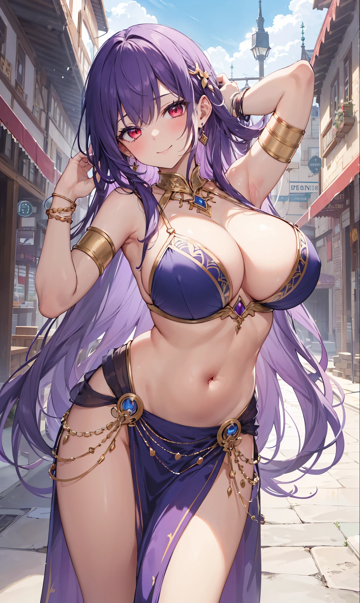 high quality, ultra detailed, best quality, insanely detailed, beautiful, masterpiece, 1girl, medieval plaza, cowboy shot, red eyes, long hair, purple hair, belly dancer, circlet, earrings, armlets, bracelets, bashful smile, large breasts, cleavage, soft stomach