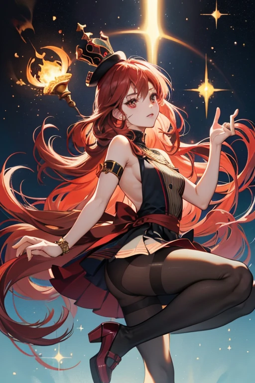 Akumu has fair skin, pastel brownish red hair, and red eyes. She wears a black hat with a golden crown design and her light blue dress with white thin stripes, a black paw detail, short black sleeves, a back neckline, matching tights and black Mary Jane shoes. SPARKLE; GLITTER
