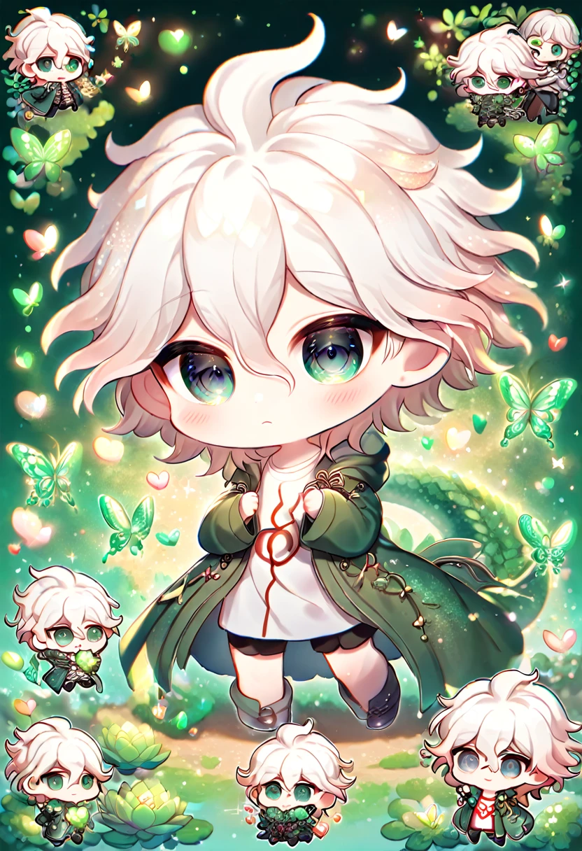 Ultra detailed, HDR, Highres, absurdres, master piece, Komaeda Nagito chibi, white hair, expressive light grey-green eyes, green coat, Danganronpa, emerald glittering butterflies, petals, emerald green lotus, cute, magical, man, extremely detailed face and eyes, glittering, fantasy, white shirt, hugging a emerald green dragon, love, green emerald background
