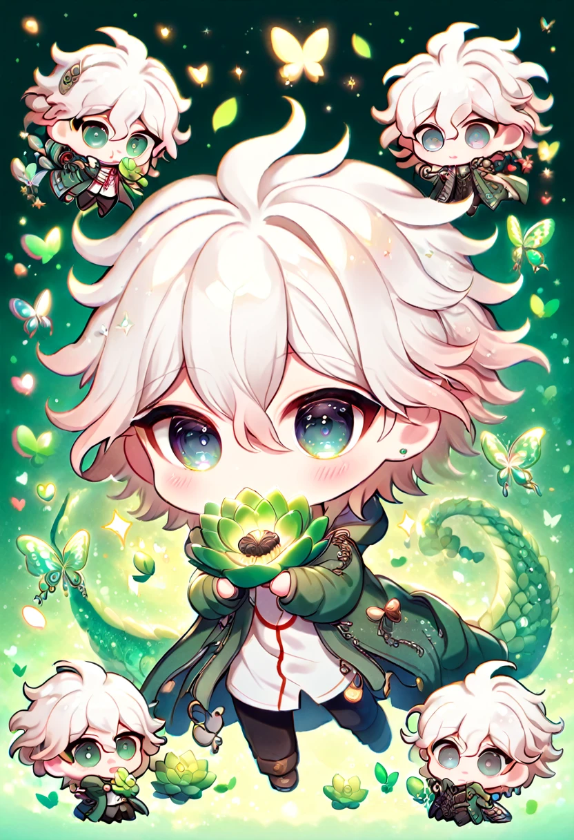 Ultra detailed, HDR, Highres, absurdres, master piece, Komaeda Nagito chibi, white hair, expressive light grey-green eyes, green coat, Danganronpa, emerald glittering butterflies, petals, emerald green lotus, cute, magical, man, extremely detailed face and eyes, glittering, fantasy, white shirt, hugging a emerald green dragon, love, green emerald background