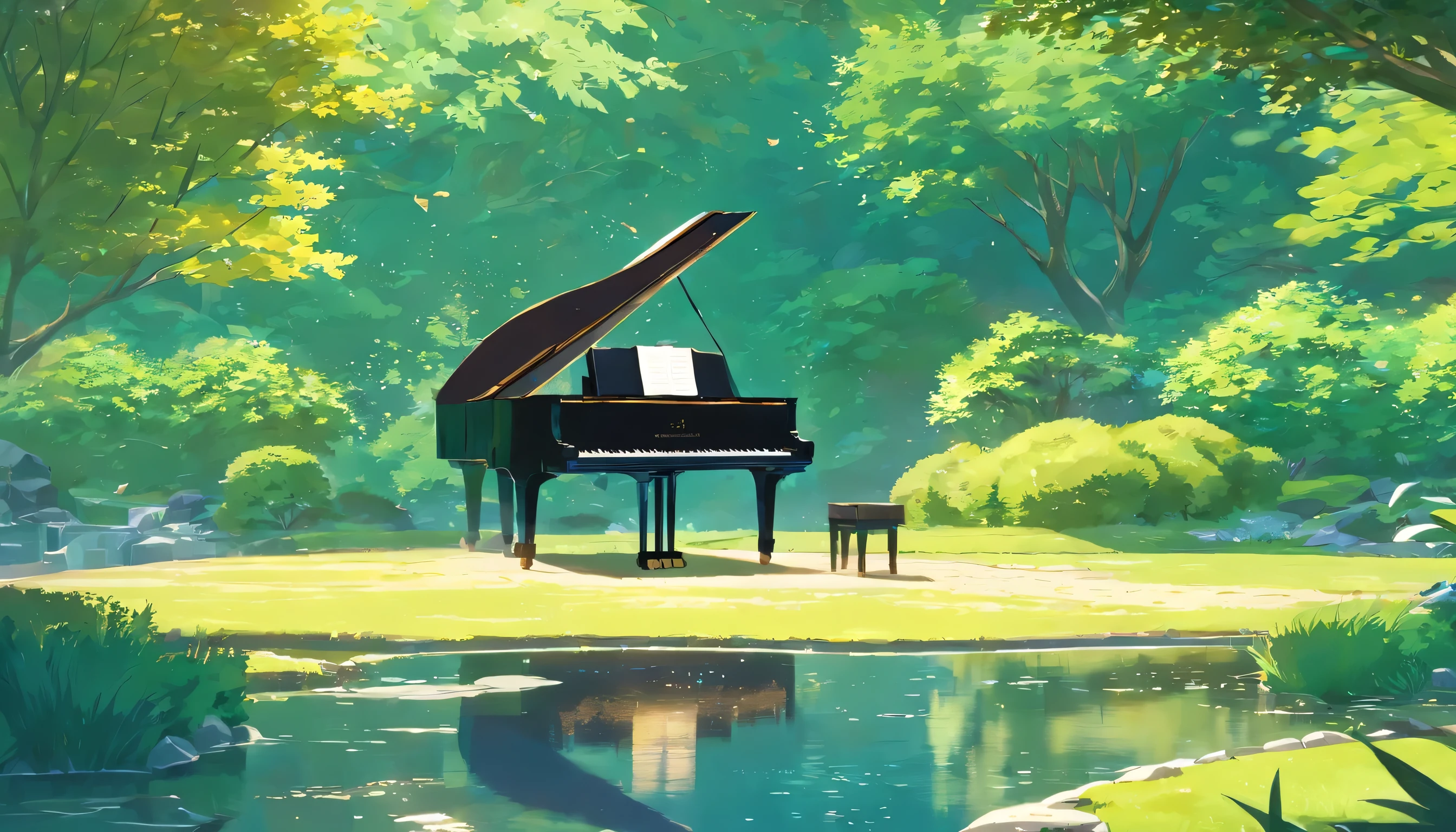 A grand piano is placed in the middle of a Japanese garden with grassy paths.,quiet、The small stream sparkles