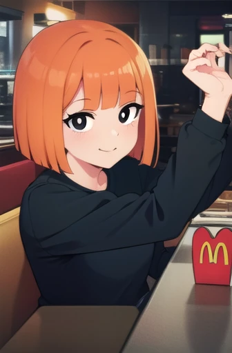 yorumac, yoru mac, short hair, bangs, (black eyes:1.5), blunt bangs, orange hair, bob cut, smile, bright pupils,
BREAK shirt, long sleeves, pants, sweater, grey pants,
BREAK looking at viewer, full body,
BREAK indoors, restaurant, mcdonalds,
BREAK (masterpiece:1.2), best quality, high resolution, unity 8k wallpaper, (illustration:0.8), (beautiful detailed eyes:1.6), extremely detailed face, perfect lighting, extremely detailed CG, (perfect hands, perfect anatomy), fellatio under table