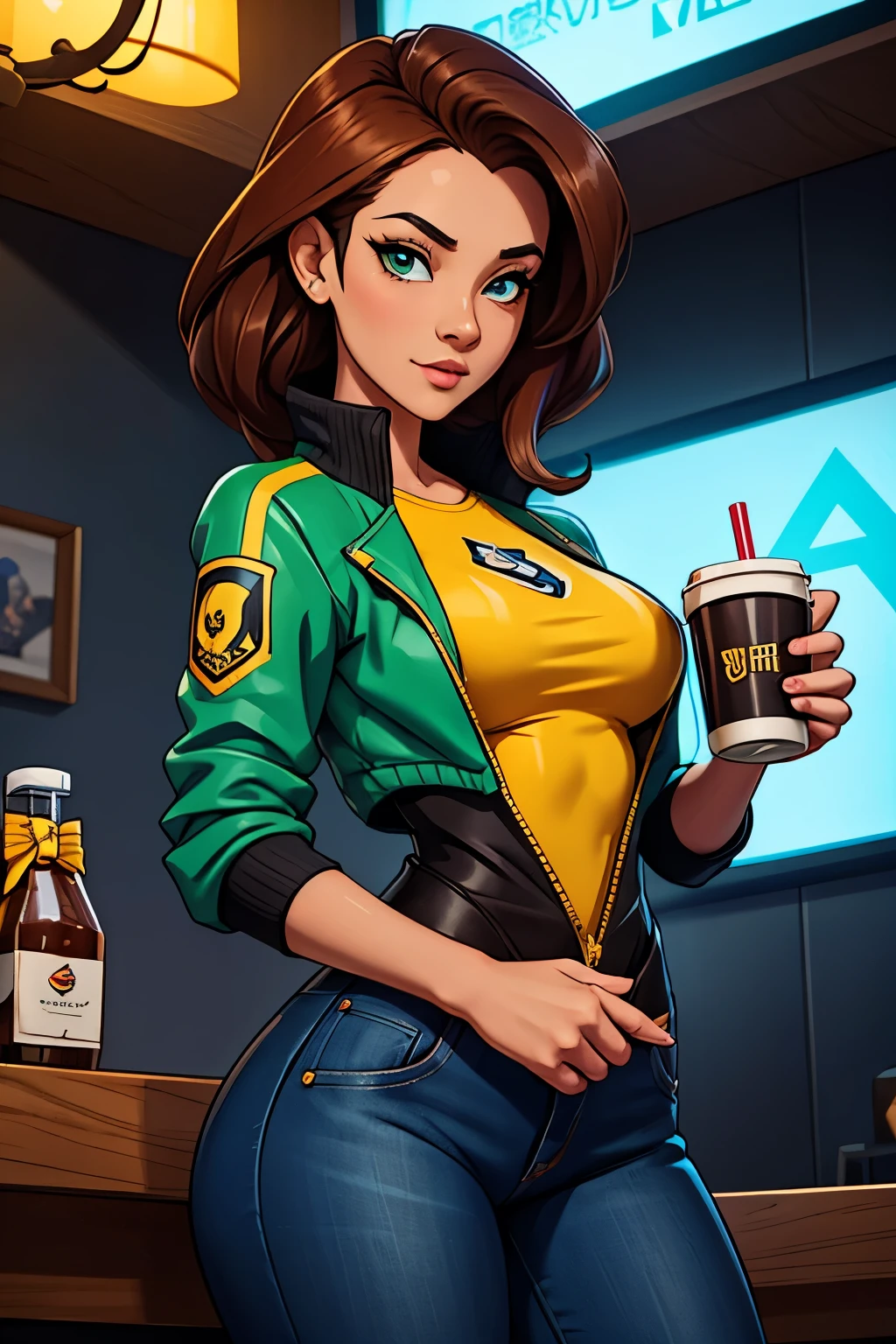 a woman in a yellow jacket holding a cup of coffee, extremely detailed digite germe,  anime drinks energy drink, Senna de League of Legends, lovely Brigite de Overwatch, Brigite de Overwatch, ruan jia and digite germe, trending digite germe, Faye Valentim, like digite germe, range murata and digite germe, even model | digite germe