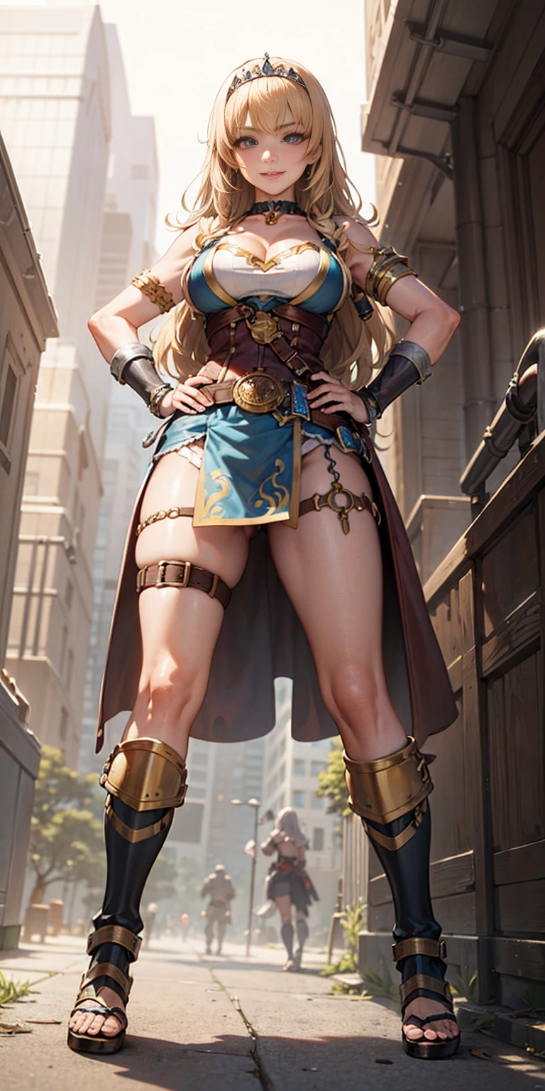 full body whole body 1sologirl loincloth standing warrior proud expression, hands on hips, loincloth standing, hands on hips, metal sandals, choker, big belt, view from below, feet together, bracers, tiara