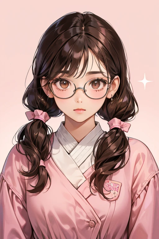 Hana has short, dark brown hair tied into low pigtails by flowerlike accessories, brown eyes, and hair skin. Hana's hair contain short bangs split into three sections and she wears pink glasses. SPARKLE; GLITTER