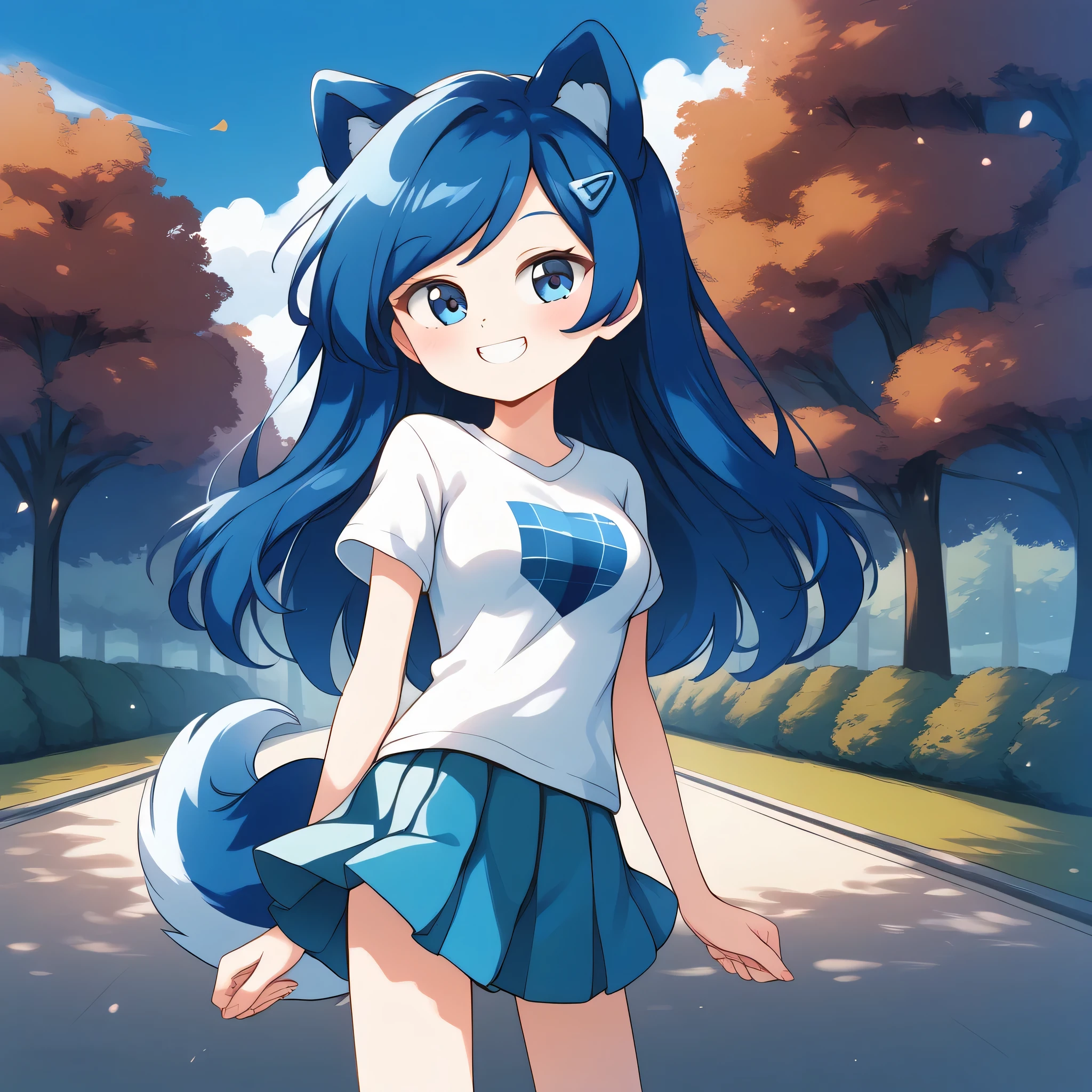 (Masterpiece) (High Detail) (High Res) A short slim humanoid girl with pale human skin and blue eyes and long blue hair and blue dog ears and a fluffy blue dog tail and medium breasts. She is stood outside in the park and is smiling shyly. She is wearing a pleated skirt and white t-shirt.
