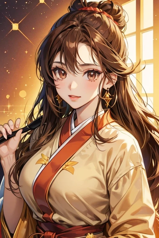 Haruna has brown hair with a bang brushed left tied into a bun, fair skin, and reddish brown eyes. Haruna wears makeup, a big reddish orange jewel accessory, and golden little earrings. SPARKLE; GLITTER