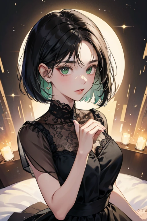 Hasegawa is a girl with bob-cut black hair with a bang divided into two sections while the right side is brushed and green eyes.

She wears a . SPARKLE; GLITTER