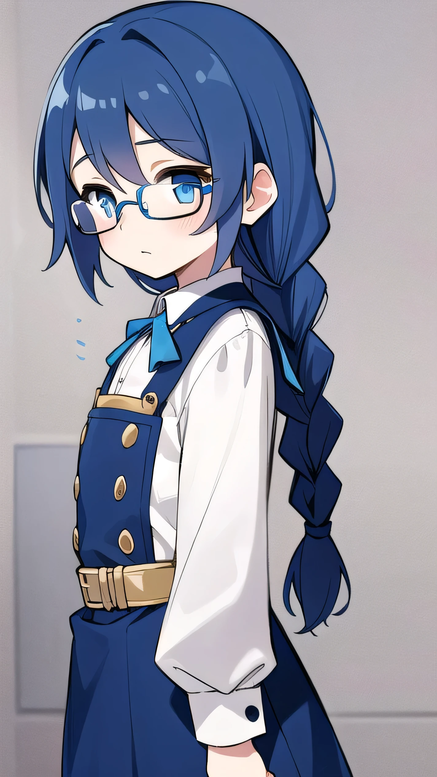 small breasted girl, short, 12 years old, blue hair, single braid, blue eyes, round eyes, shy, shy, , short, young face, short height, , glasses with no edges,flat chest,