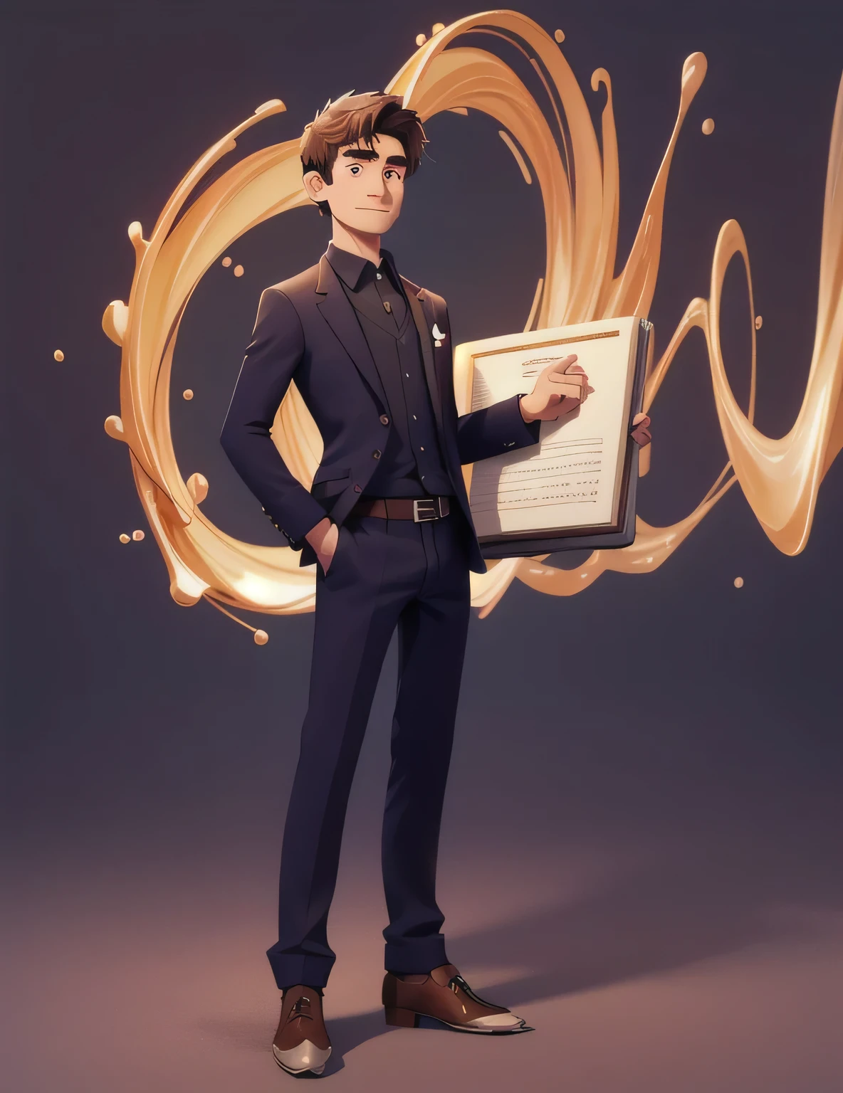 (masterpiece:1.2, highest quality), (Very detailed:1.3),
One Man, a bit, alone, smile, suit。Serious expression,I have a book,whole body, Are standing, Simple Background,