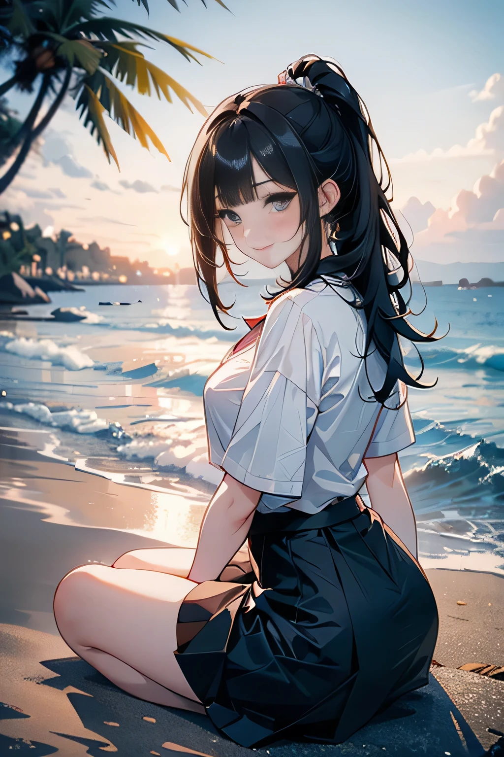 (high angle,cleavage),((masterpiece, highest resolution,best quality)), (beautiful illustration), ((semi long beautiful black hair,blunt bangs,pony tail,beautiful eyes)),(solo),(Japanese high ,sailor,mini skirt),(looking at the viewer), (sitting on the beach),(innocent cute smile), (cinematic lighting),beach, sand, blue sky, waves, coconut tree,fish,boat,sea gull,