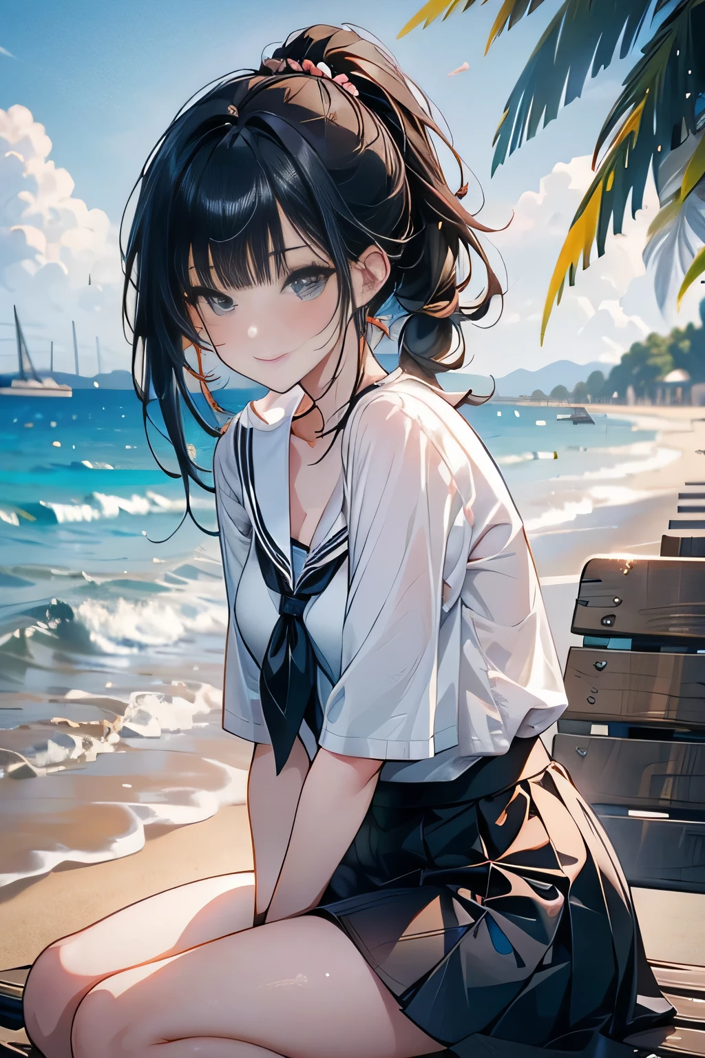 (high angle,cleavage),((masterpiece, highest resolution,best quality)), (beautiful illustration), ((semi long beautiful black hair,blunt bangs,pony tail,beautiful eyes)),(solo),(Japanese high ,sailor,mini skirt),(looking at the viewer), (sitting on the beach),(innocent cute smile), (cinematic lighting),beach, sand, blue sky, waves, coconut tree,fish,boat,sea gull,