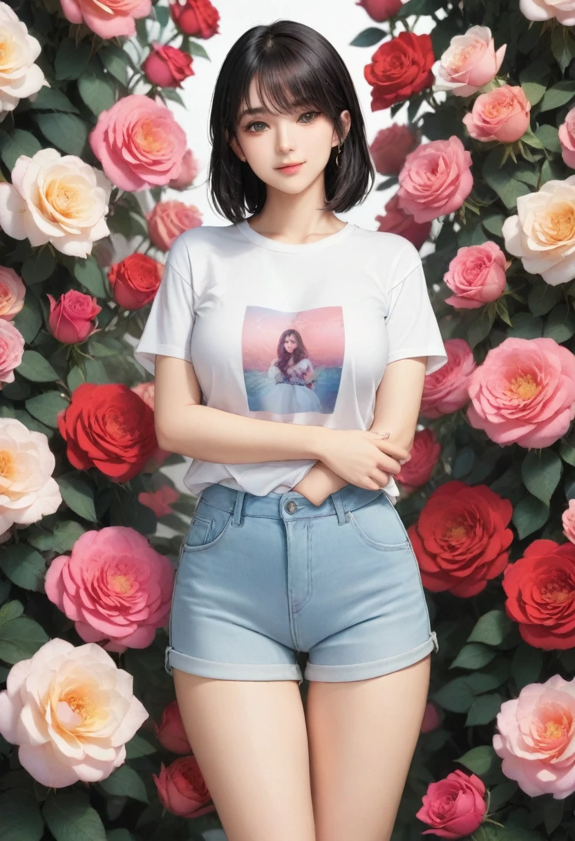 masterpiece, Young and beautiful girl, smile, Looking into the camera, Standing in front of a group of roses, Wearing shorts and a T-shirt, White sneakers. Wear a top and shorts, Flowers, Full body photo, Casual pose, Thin legs