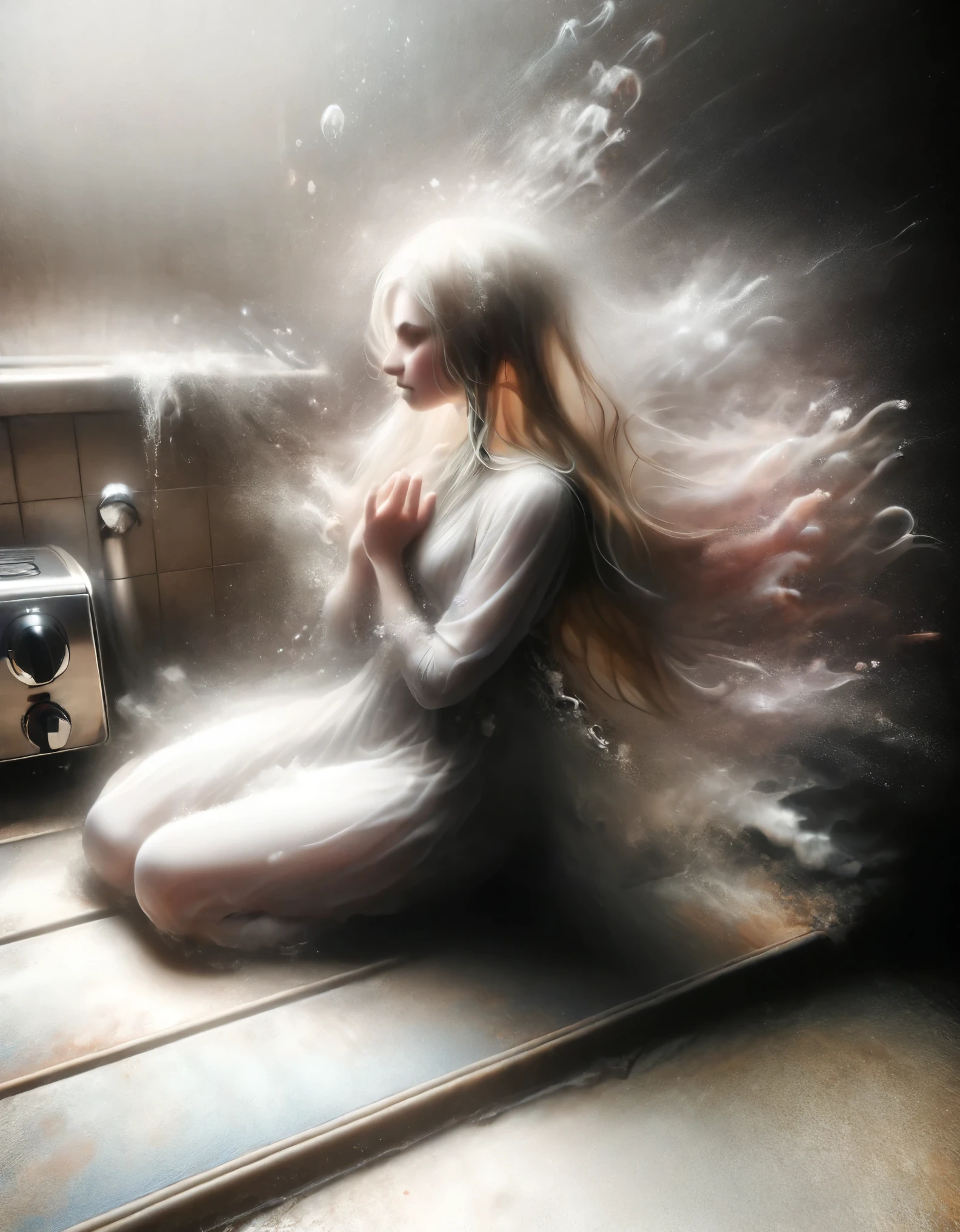 a naked woman sitting in a bathroom next to a sink, rias gremory, highly detailed 8k photo realistic, katarina, long wavy voluminous blonde hair, very sweaty, ito, by Nagasawa Rosetsu, spunky