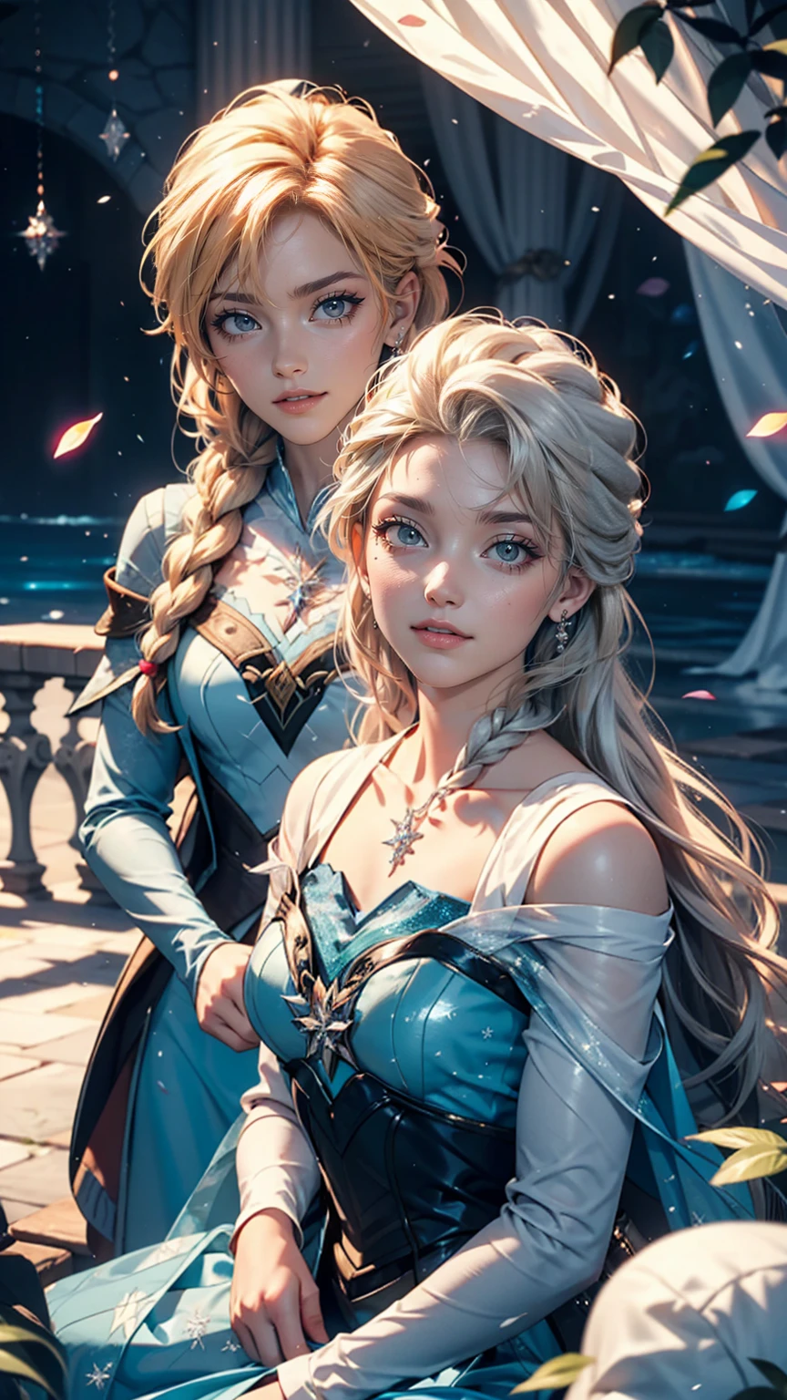 Lindo cartoon style modo retrato pose personagem em pose dinâmica duas mulheres juntas Rainha Anna de Arendelle ruiva com 1,60cm on the left and together with the platinum blonde Elsa of Arendelle with 1,75cm straight with symmetrical body with corset and beautiful breasts, well-defined body, delicate and sensual, cartoon style, digital illustration Portrait mode