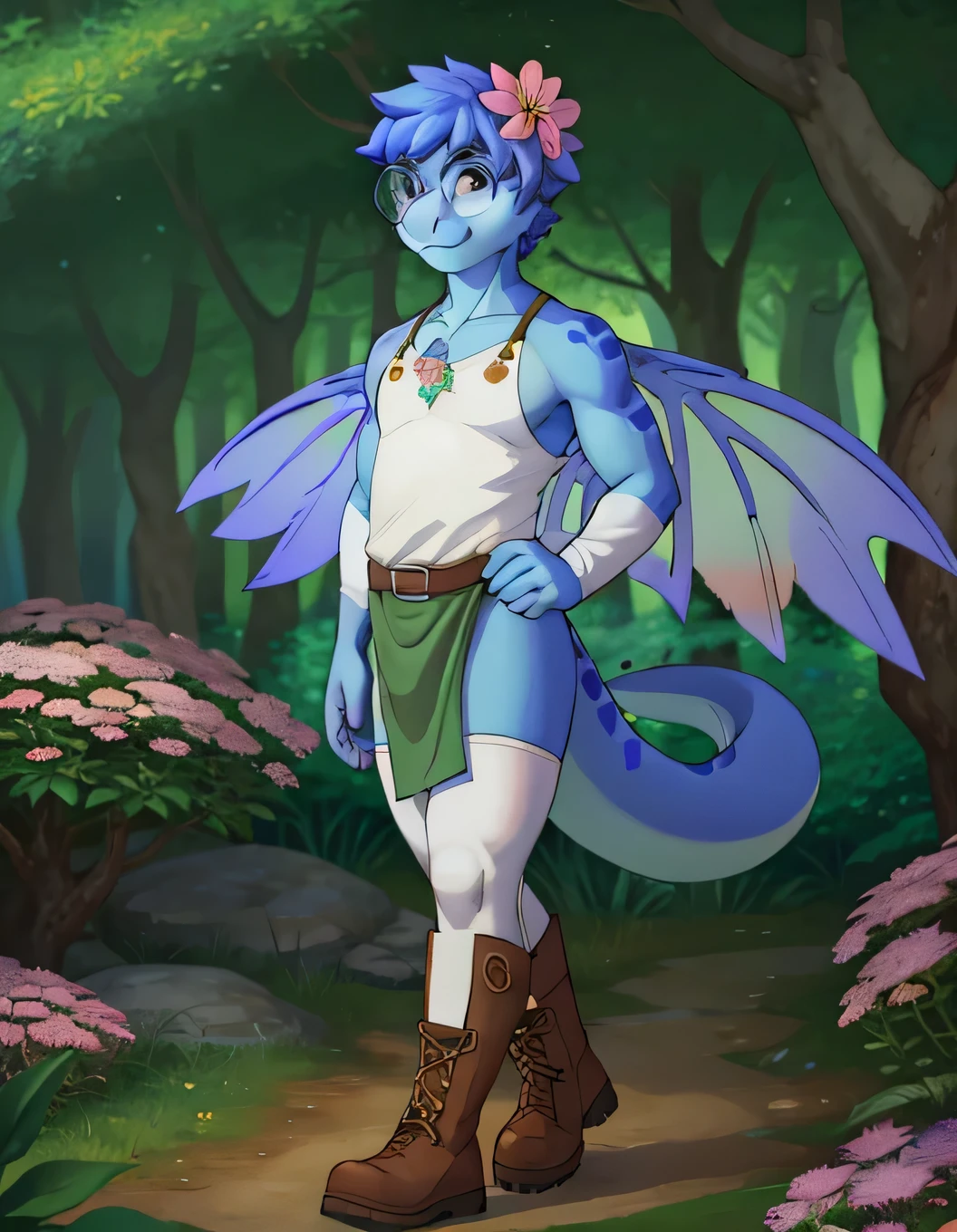 A male anthropomorphic lizard with butterfly wings, wearing a blue skimpy tunic, white leggings, boots and round glasses, in a whimsical forest full ilof giant flowers,