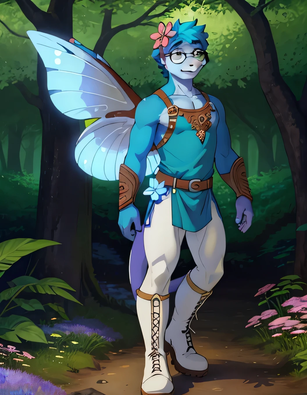A male anthropomorphic lizard with butterfly wings, wearing a blue skimpy tunic, white leggings, boots and round glasses, in a whimsical forest full ilof giant flowers,