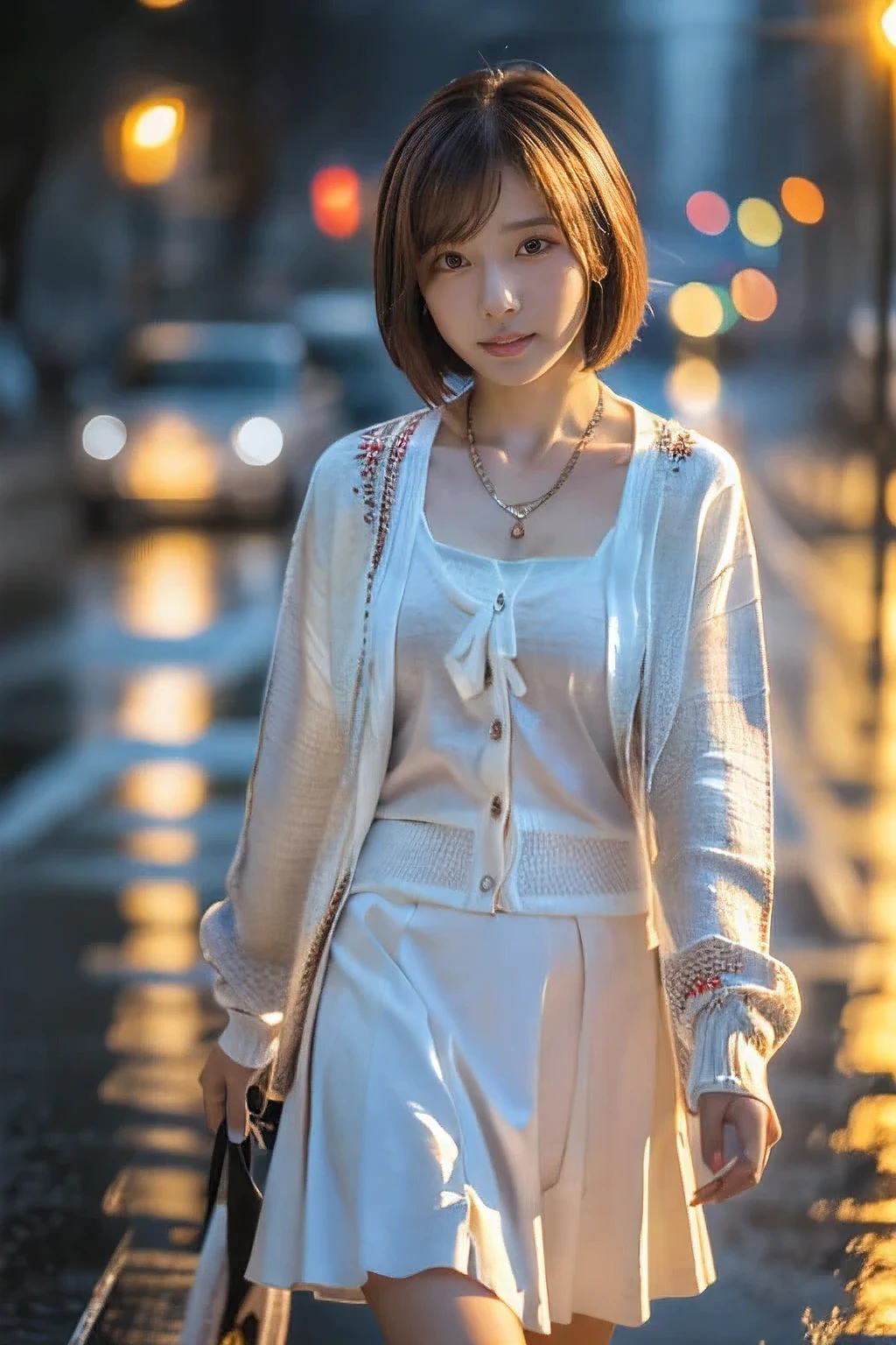 (Walking with a dog in the rain。18-year-old female:1.5)、(Soaking wet:1.2)、(The best quality at its best:1.4), (Super detailed), (Very detailed CG unified 16k), Beautiful woman with perfect figure: 1.4, Sharp focus: 1.2, Very detailed, High-quality RAW color photos, Professional photography, Great face and eyes, cosmetics, (Amazingly beautiful girl), ((Summer Cardigan、White flared skirt:1.5)), Sexy posture，(View from below), Realistic movie faces, Wide zoomed out view of head to foot length, Full body long view, Realistic, ((Realistic natural orange red hairstyle, Realistic blue eyes)), ( Short Bob Hair:1.5), (necklace:1.5)、, Very beautiful face, Perfect model beauty, Mouth swelling, Highly detailed face and skin texture, Fine grain, double eyelid, Medium chest, smile, Crack, west, (masterpiece), highest quality, High resolution, Very detailed, Blurred Background, Depth of written boundary, Cinema Lighting, Great legs, , Clear, well-maintained skin, (((Women make up the majority of the photo)))