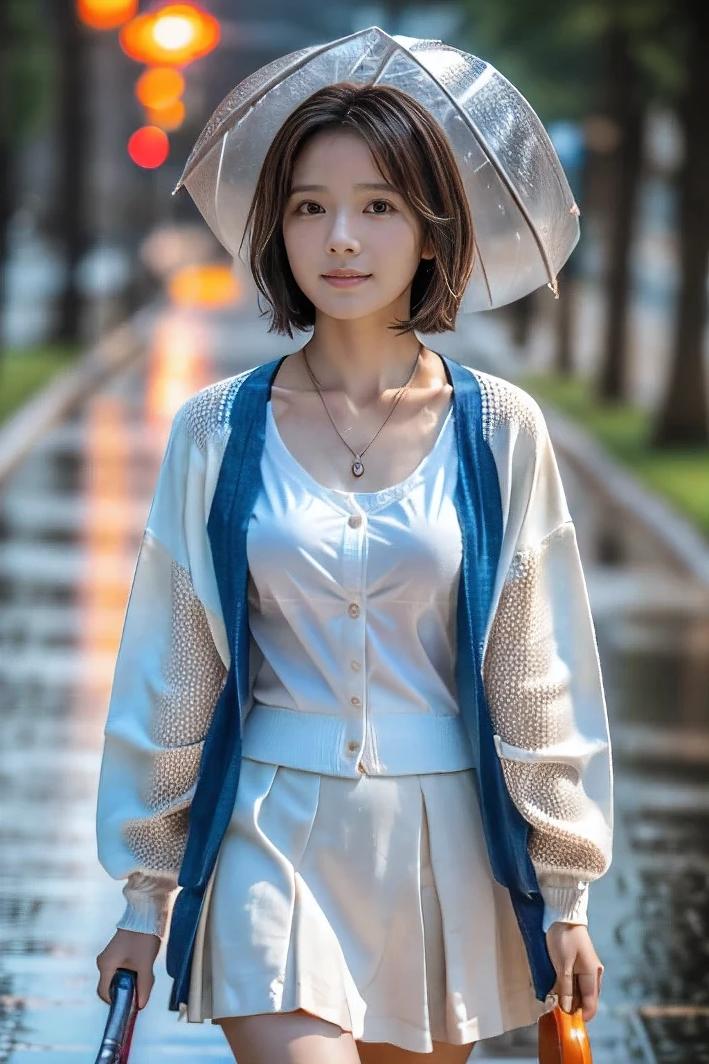 (Walking with a dog in the rain。18-year-old female:1.5)、(Soaking wet:1.2)、(The best quality at its best:1.4), (Super detailed), (Very detailed CG unified 16k), Beautiful woman with perfect figure: 1.4, Sharp focus: 1.2, Very detailed, High-quality RAW color photos, Professional photography, Great face and eyes, cosmetics, (Amazingly beautiful girl), ((Summer Cardigan、White flared skirt:1.5)), Sexy posture,(View from below), Realistic movie faces, Wide zoomed out view of head to foot length, Full body long view, Realistic, ((Realistic natural orange red hairstyle, Realistic blue eyes)), ( Short Bob Hair:1.5), (necklace:1.5)、, Very beautiful face, Perfect model beauty, Mouth swelling, Highly detailed face and skin texture, Fine grain, double eyelid, Medium chest, smile, Crack, west, (masterpiece), highest quality, High resolution, Very detailed, Blurred Background, Depth of written boundary, Cinema Lighting, Great legs, , Clear, well-maintained skin, (((Women make up the majority of the photo)))