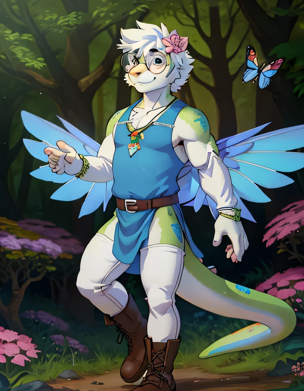 A male anthropomorphic lizard with butterfly wings, wearing a blue skimpy tunic, white leggings, boots and round glasses, in a whimsical forest full ilof giant flowers,