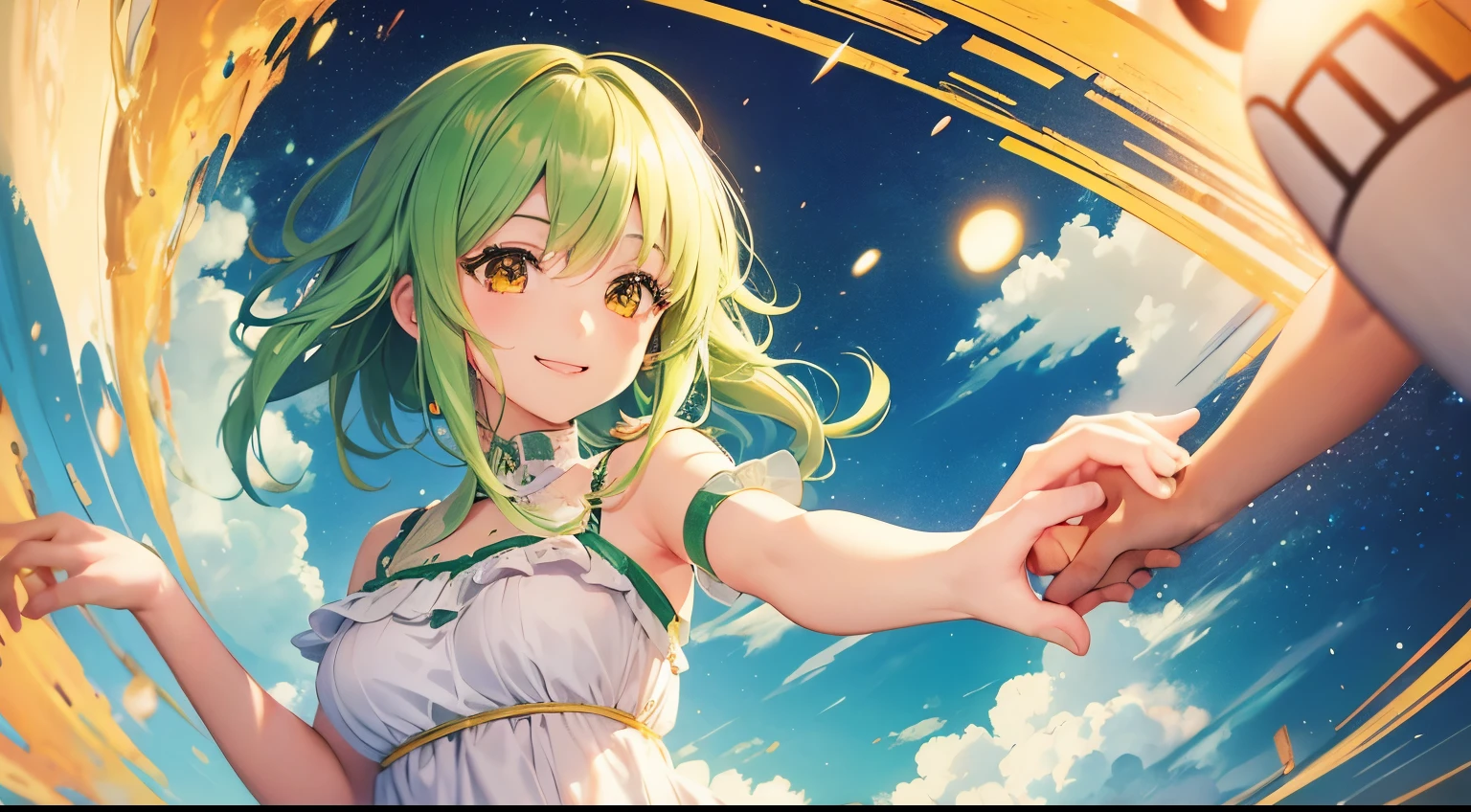 GUMI、1people、Reaching out to hold hands、smile、Anime Style、masterpiece, highest quality, Super detailed, Beautiful illustrations