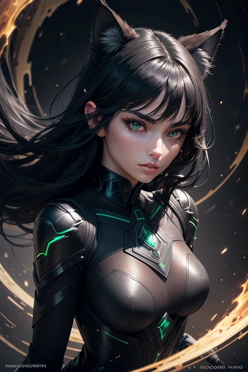 A beautiful black-haired, green-eyed -yeld fee with black wolf ears, intricate detailed face and eyes, long lashes, flawless skin, mysterious expression, sleek black bodysuit, cosmic energy swirling around, dark shadowy background, cinematic lighting, highly detailed, photorealistic, digital art, masterpiece