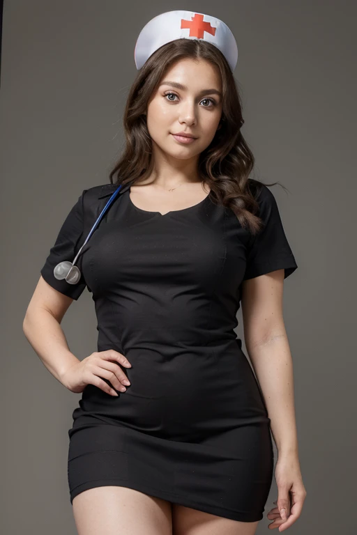 1girl. ((Nurse)) (((plain background.  no background))). body straight forward facing the camera, no style.  upright pose.  (((front tread.  front view))). Real life big mom, facing the camera and stylish like a model, ((top-quality, 8K, 32k)). perfect figure, real life big mom, perfect face,Highly Detailed Face and Skin Textur, Double eyelids, big eyes, smile, ((nurse. Dress)).