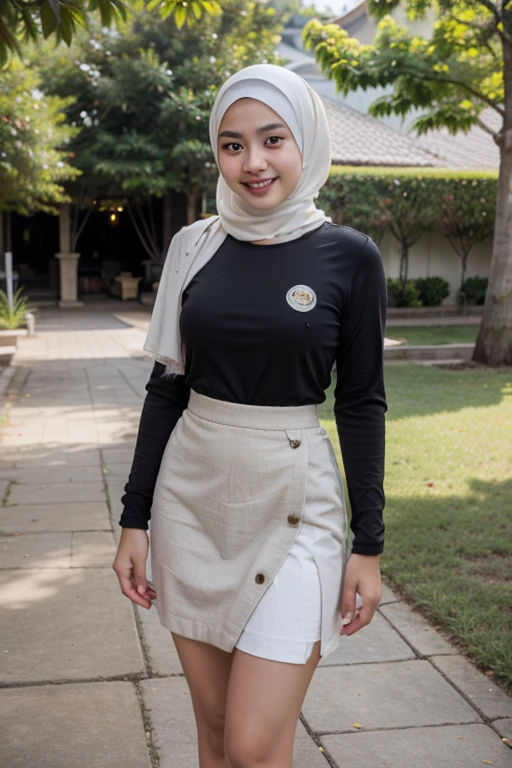 ((best quality)), ((masterpiece)), (detailed), perfect face, young sweet beautiful Indonesian girl, , georgeus sweet face, slim body, medium size breasts, descent mixed from sundanese and javanese, wearing white thin hijab that covering all her hairs and ears, wearing white long sleeve thin buttoned shirt that has brown Indonesian OSIS badge on the pocket, wearing cripled very long grey skirt, wearing black sport shoes, very realistic, very detail, standing cheerful on backyard in Bogor city,  very cute smiling,