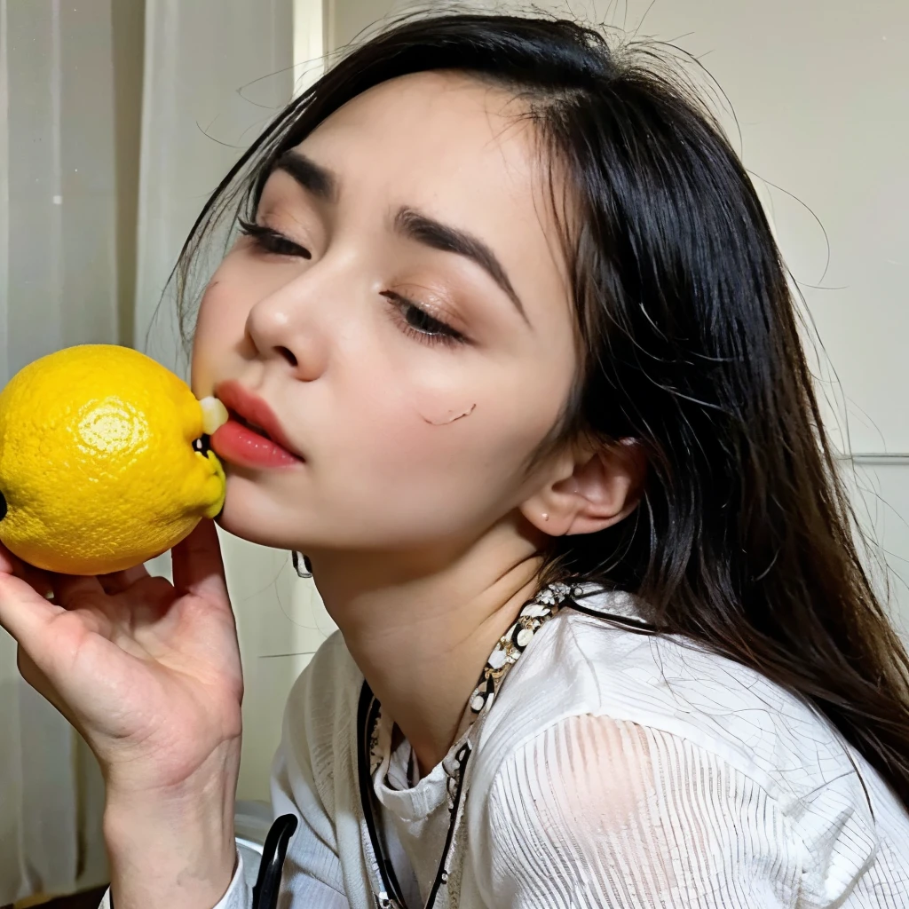 Young and stunningly beautiful woman、Portrait、Wear white tights、Wearing a lemon cover、I have lemons in both hands、(Biting into a lemon)、(Close your eyes tight、Purse your lips and stick them out:1.5)、(Tilt your head)、(Wrinkles between the eyebrows:1.5)，