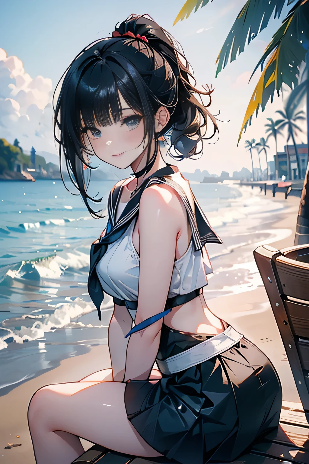 Medium Hair, Sailor Necklace, , mare、coastline、 bikini of, Ahegao drool,
