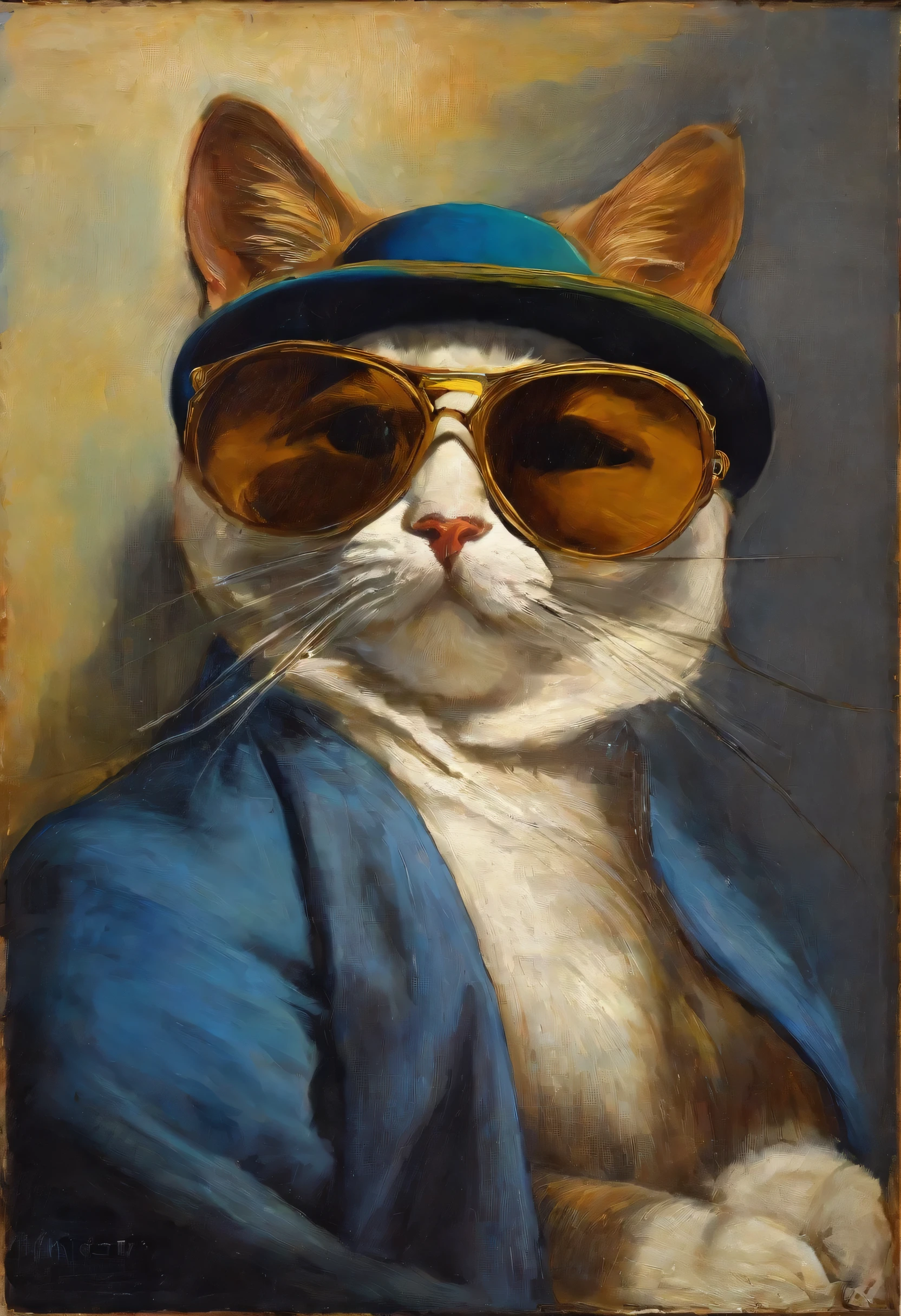 oil painting, cat, with sunglasses, estilo leonardo da vinci, renoir, van gogh, chirico, michelangelo, chirico, degas