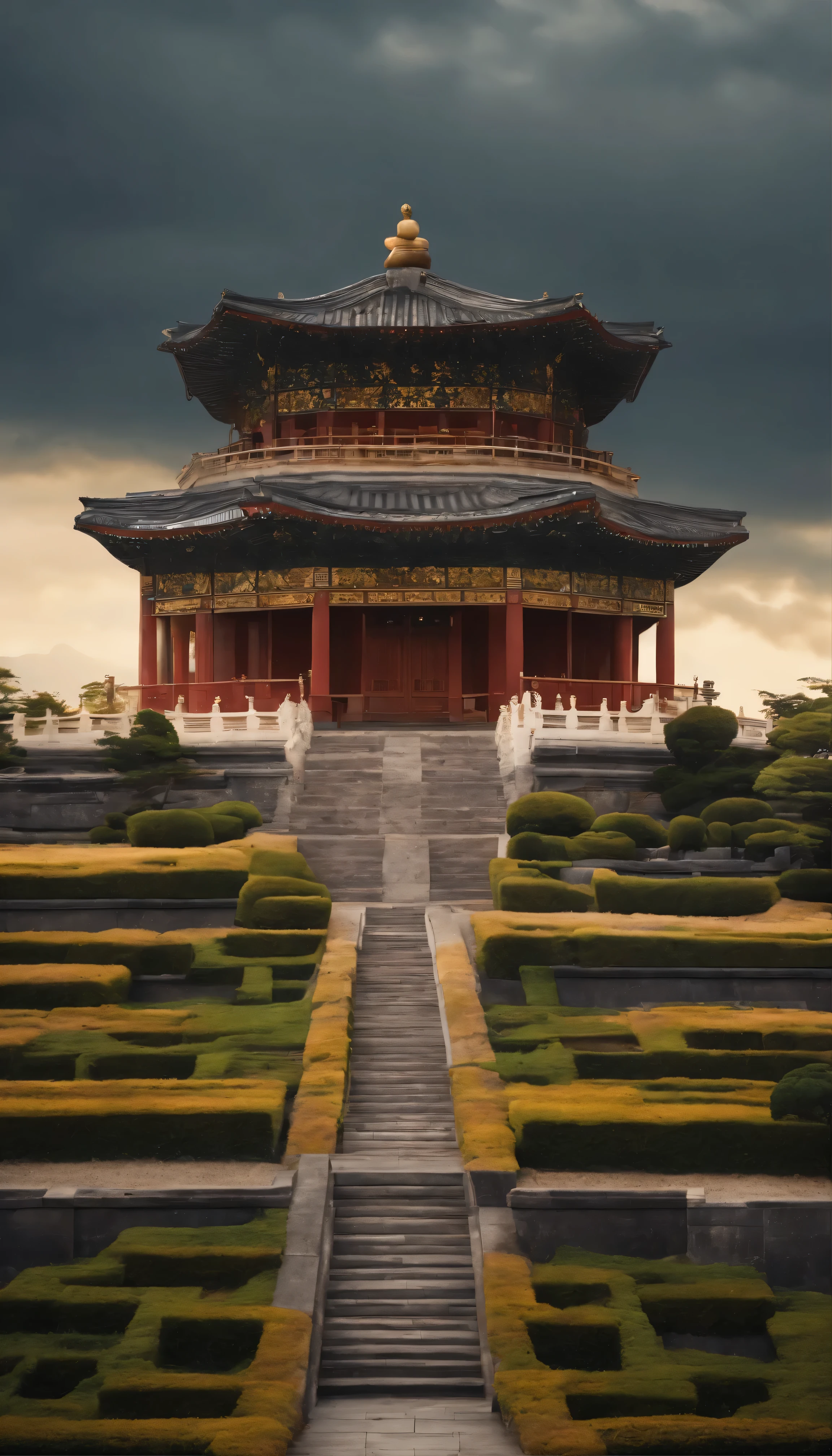 High-definition images reminiscent of a scene from a movie、The video shows an aerial shot of the Daisenryo Tomb in the Osaka Tomb Complex.。This panoramic shot、The focus is on monopoly、Vibrant floral watercolor background、Showcasing the tomb's intricate architectural details