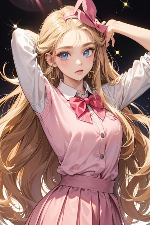 Maira has fairly long, slightly curly hair that is light brown or dirty blonde with a straight fringe across her forehead, blue eyes and pierced ears. She wears a pink sweater with four buttons, a white-collar shirt, a red bow tie, and a dark pink pleated skirt. SPARKLE; GLITTER