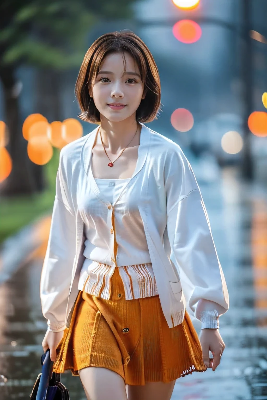 (Walking with a dog in the rain。18-year-old female:1.5)、(Soaking wet:1.2)、(The best quality at its best:1.4), (Super detailed), (Very detailed CG unified 16k), Beautiful woman with perfect figure: 1.4, Sharp focus: 1.2, Very detailed, High-quality RAW color photos, Professional photography, Great face and eyes, cosmetics, (Amazingly beautiful girl), ((Summer Cardigan、White flared skirt:1.5)), (Raincoat:1.5)、Sexy posture,(View from below), Realistic movie faces, Wide zoomed out view of head to foot length, Full body long view, Realistic, ((Realistic natural orange red hairstyle, Realistic blue eyes)), ( Short Bob Hair:1.5), (necklace:1.5)、, Very beautiful face, Perfect model beauty, Mouth swelling, Highly detailed face and skin texture, Fine grain, double eyelid, Medium chest, smile, Crack, west, (masterpiece), highest quality, High resolution, Very detailed, Blurred Background, Depth of written boundary, Cinema Lighting, Great legs, , Clear, well-maintained skin, (((Women make up the majority of the photo)))