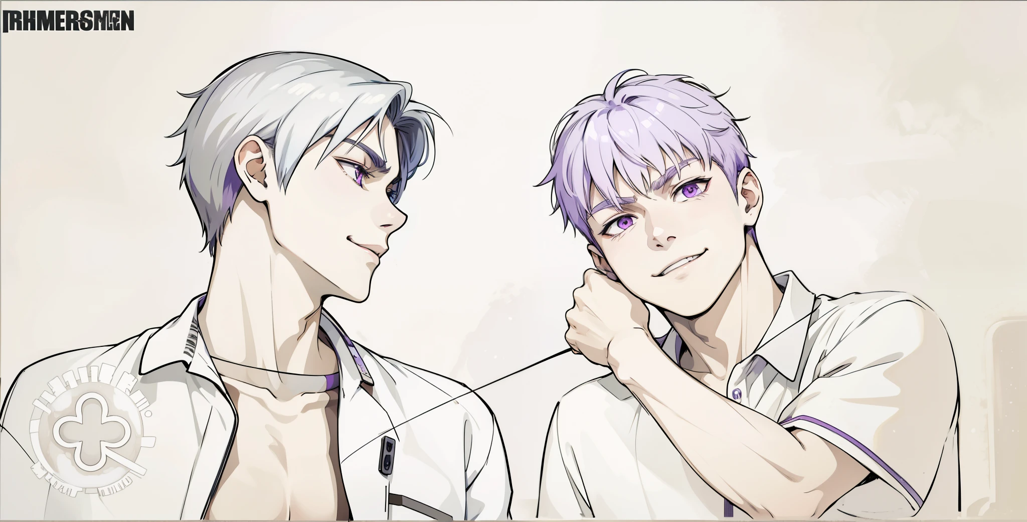 (estilo anime 2d plano)cute boy speaks evil with hate with a mischievous smile malevolent irony purple hair purple eyes aura of evil he is dangerous murderer